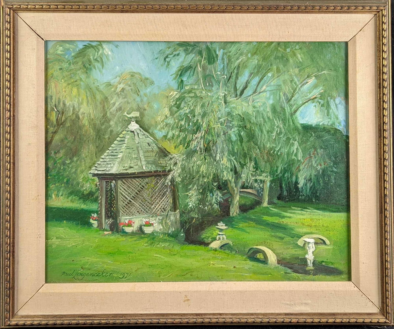 Original Paul Longenecker Framed Oil On Canvas Panel: Original Paul Longenecker Framed Oil On Canvas Panel. This original shows a lovely little gazebo along with a grassy field. The original is 25" x 1 1/2" x 21" and it weighs 4lbs. The