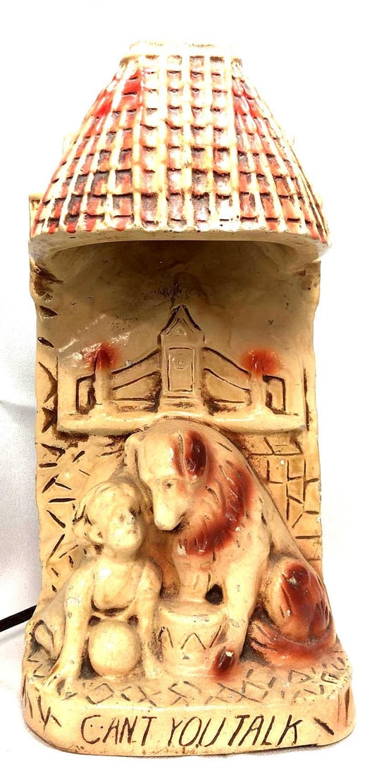 Vintage MCM Chalkware Lamp "Can't You Talk": Vintage MCM Chalkware Lamp - after George Augustus Holmes "Can't You Talk". It is approx 12-1/2" x 6" x 4-1/2" and it weighs 5.5lbs. The Chalkware Lamp is in a used, vintage condition with