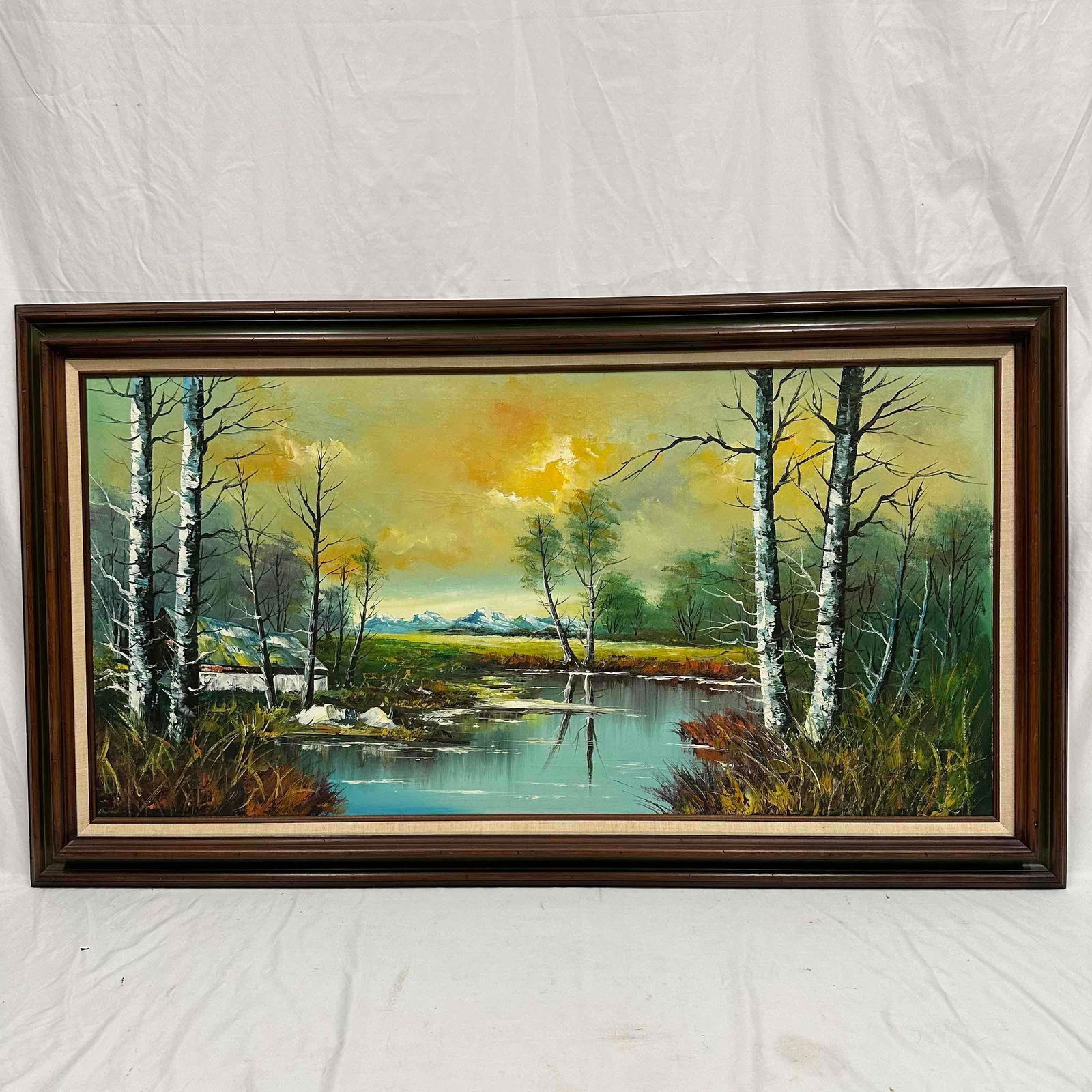 Tranquil Lakeside Scene Lake Reflection Scenery Large Framed Oil on Canvas J: Tranquil Lakeside Scene Lake Reflection Scenery Large Framed Oil on Canvas J. Unknown artist. This landscape painting depicts a serene lake surrounded by birch trees and other vegetation, set against