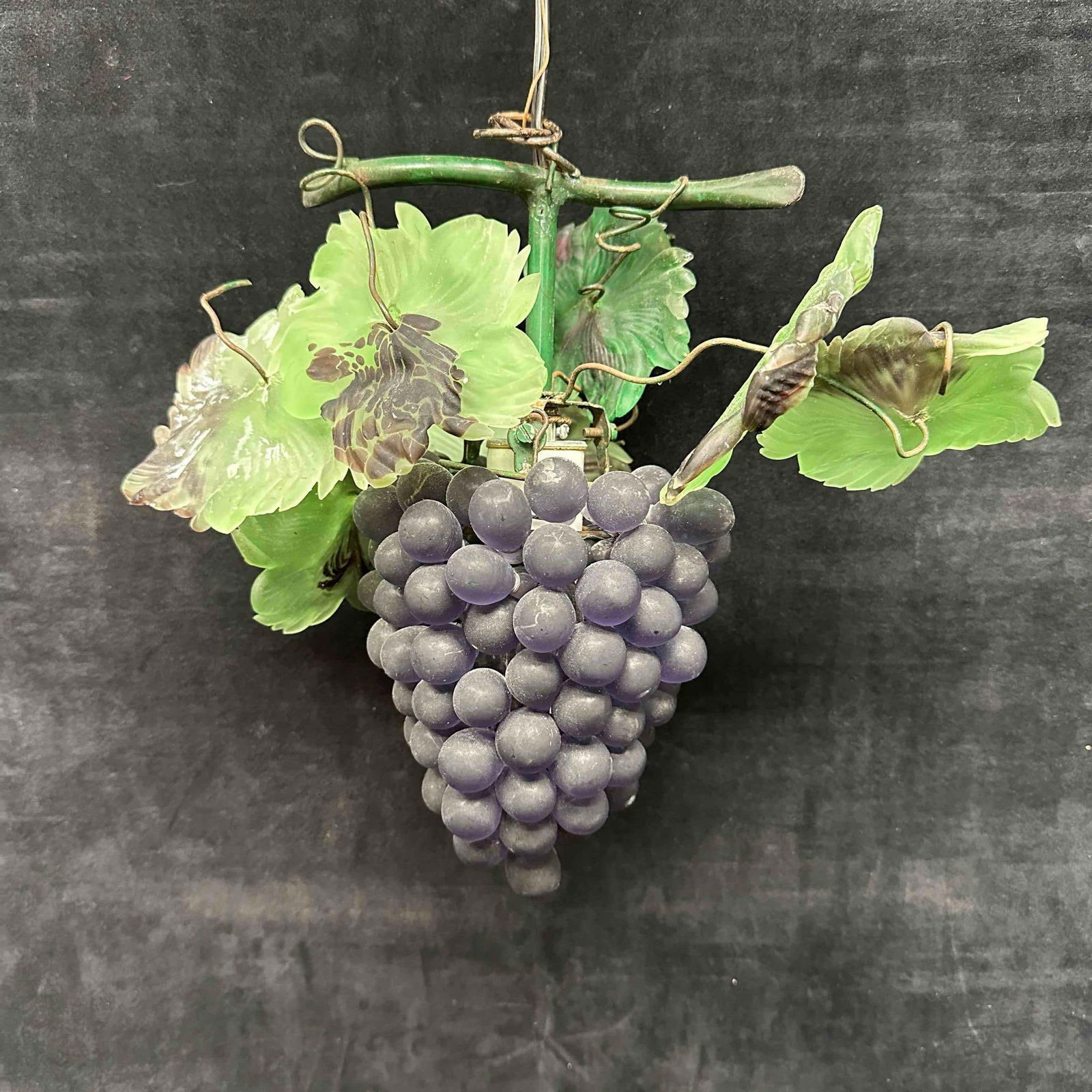 French Style Pate de Verre Grapevine Lamp Light Fixture Purple Grape and Leaf Glass Art: A decorative glass art grape clusters hanging light fixture. The grape cluster is purple the leaves are green. Leaves and grapes are made of glass. Some of the glass pieces have minor chipped and roug