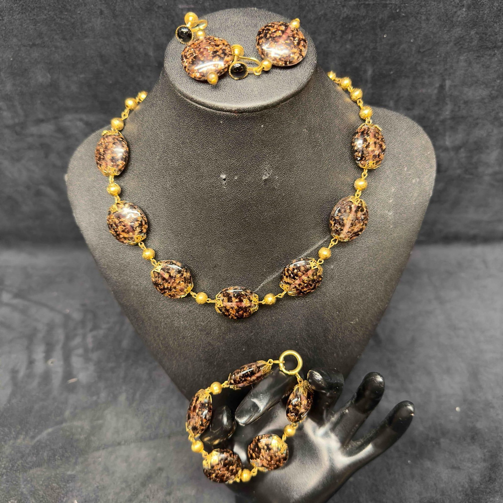 Murano Venetian Lamp Work Art Glass Black Copper Circle Bead Necklace Earrings Bracelet Set C89 (1 of 11)