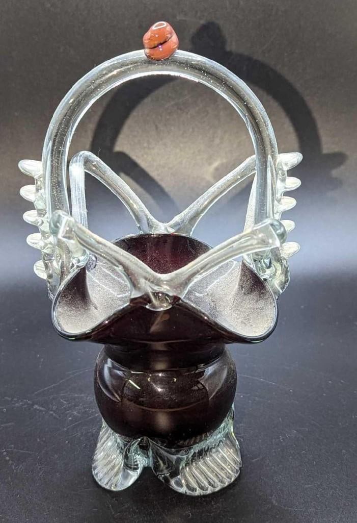 Vintage Art Glass Hand Blown Basket Bowl (1 of 6)