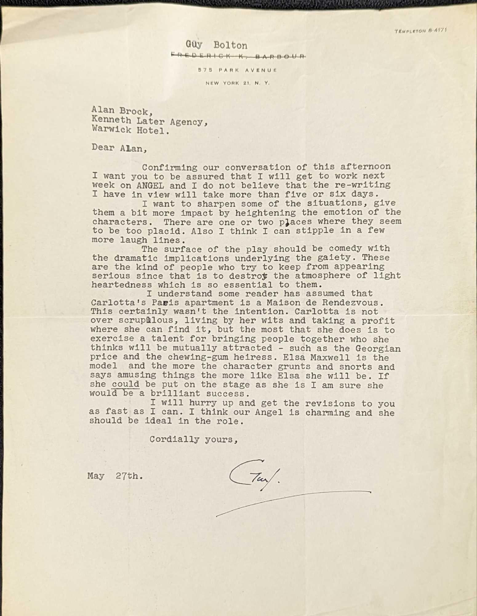 Signed Guy Bolton Playwright Letter (1 of 3)
