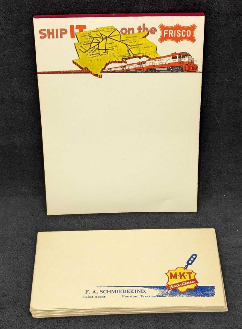 Vintage Frisco Train Notepad & M-K-T Ink Blotter: Vintage Frisco Train Notepad & M-K-T Ink Blotter. This lot includes: (1) "Ship It On The Frisco" Train Notepad. This is approx 5 3/8" x 1/4" x 7/". The pad has some handwritin