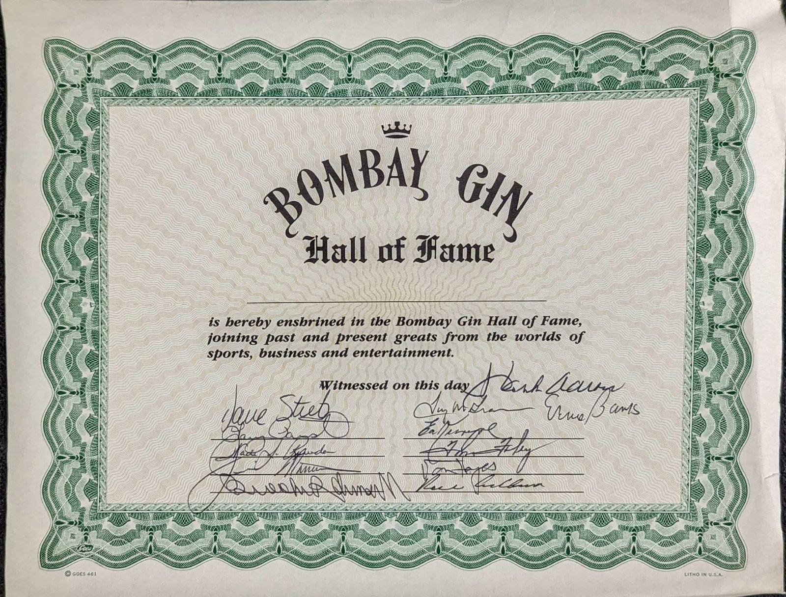 Hank Aaron Ernie Banks Autographed Bombay Gin Cert: Here is an autographed "Bombay Gin Certificate" signed by baseball legends Hank Aaron and Ernie Banks. It is also signed by Dave Stieb, Von Hayes, along a few others. The certificate is approx 10