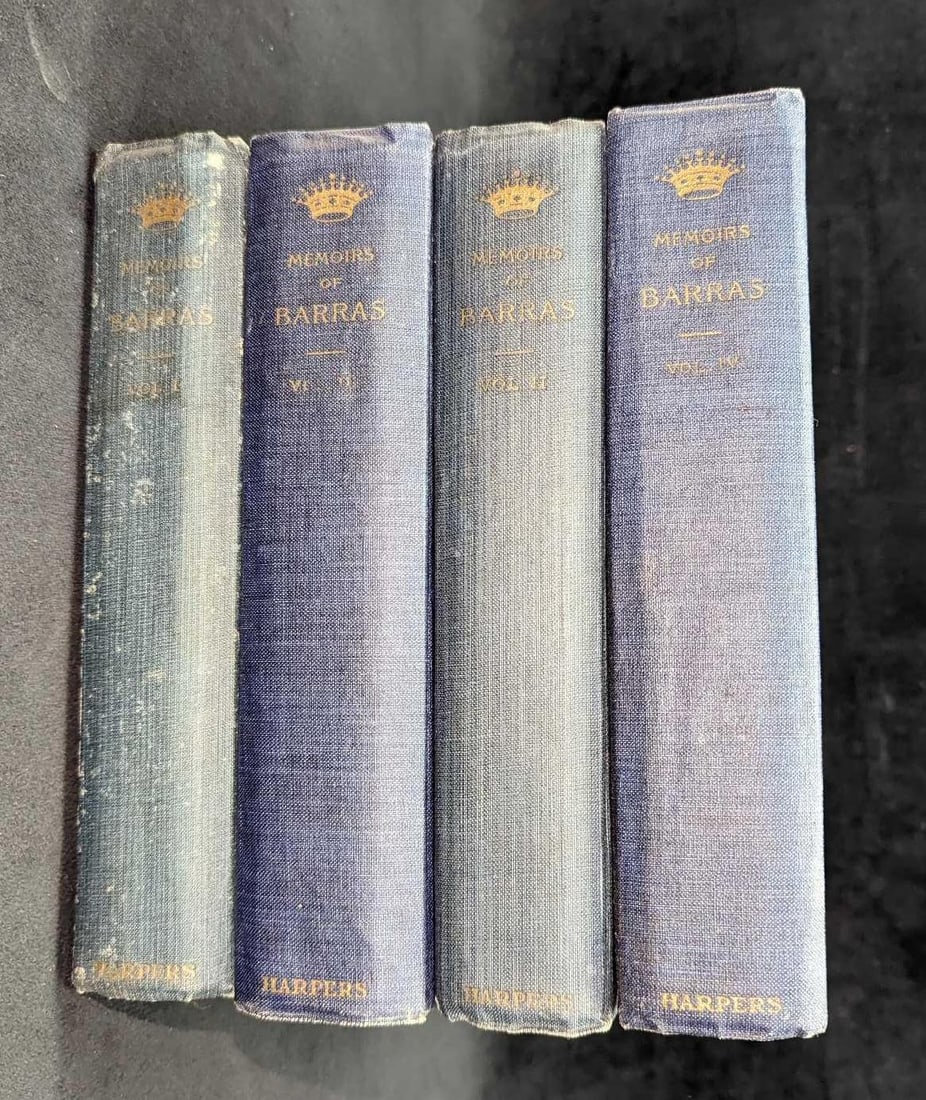 4 Volumes 1895 Memoirs Of Barras Hardcovers: 4 Volumes 1895 Memoirs Of Barras Hardcovers. This was edited by George Duruy and was published by Harper & Brothers (New York) in 1895. Each volume is approx 6 1/4" x 2' x 9" and the total weigh