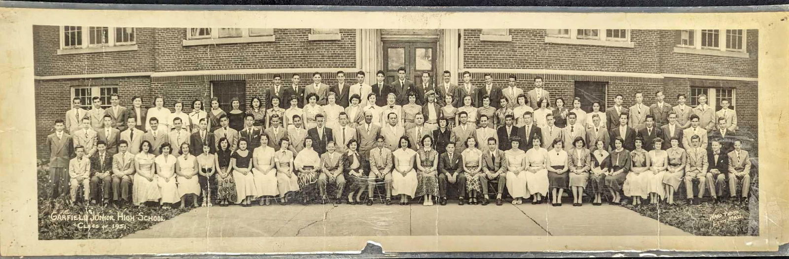 Signed Garfield Junior High School Class Of 1951 Photo Print: Signed Garfield Junior High School Class Of 1951 Photo Print. Here is a vintage photo print of the class of 1951. The front shows the students and facility. The back is signed by many included