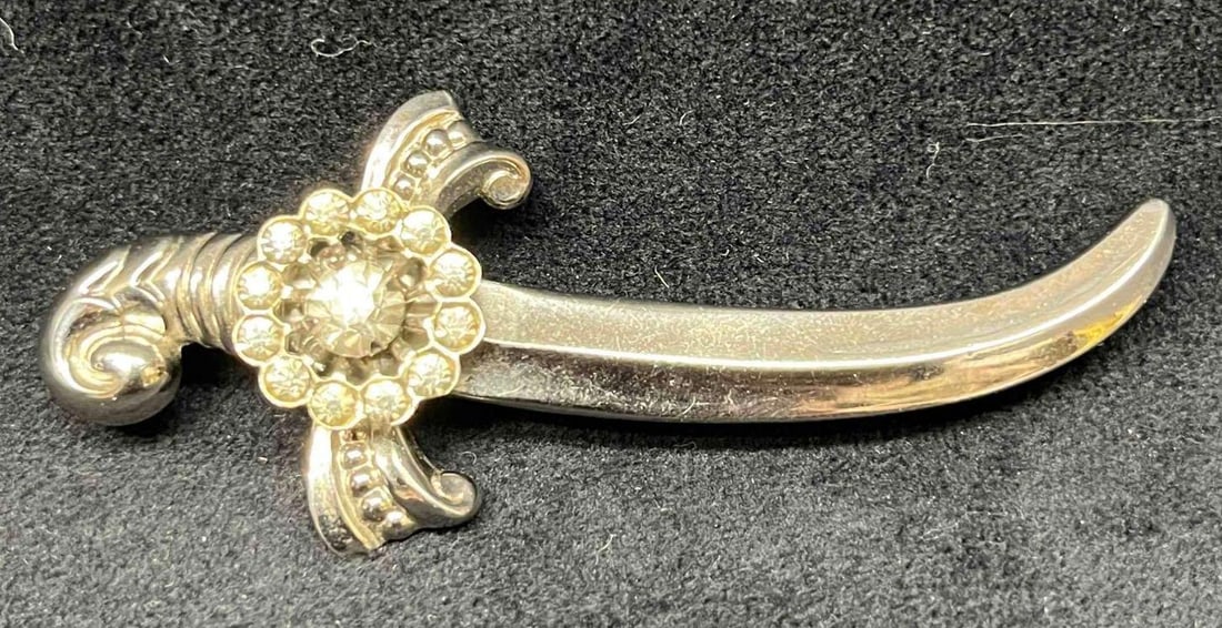 Signed Vintage Silver Tone Coro Sword Brooch With Rhinestones (1 of 8)