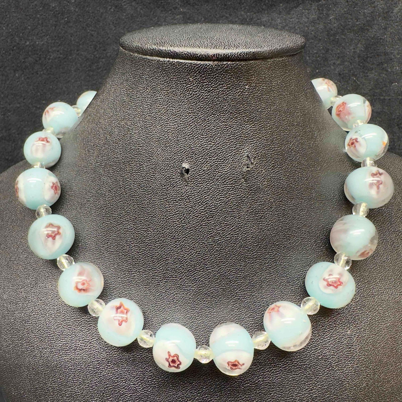 Venetian Murano Lamp Work Art Glass Sky Blue Bead Black and White Beaded Accents Necklace D28 (1 of 8)