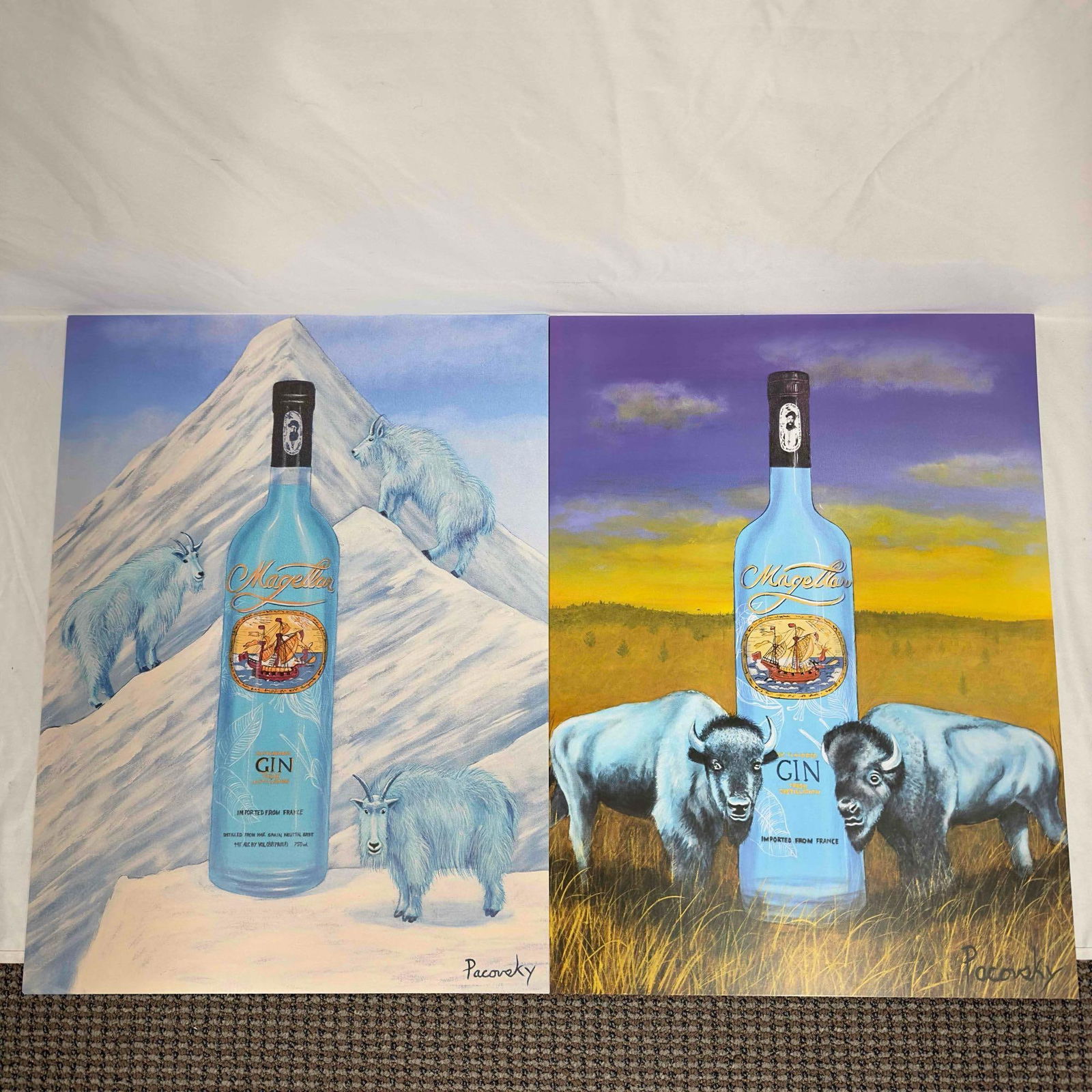 Magellan Ad Poster Gin Advertisement Print By John Pacovsky Set of Thirteen 13 Posters Buffalo Goat: Magellan Ad Poster Gin Advertisement Print By John Pacovsky Set of Thirteen 13 Posters Buffalo Goat. A few designs mountain goats and buffalo's from Magellan gin ads from John Pacovsky, multiples