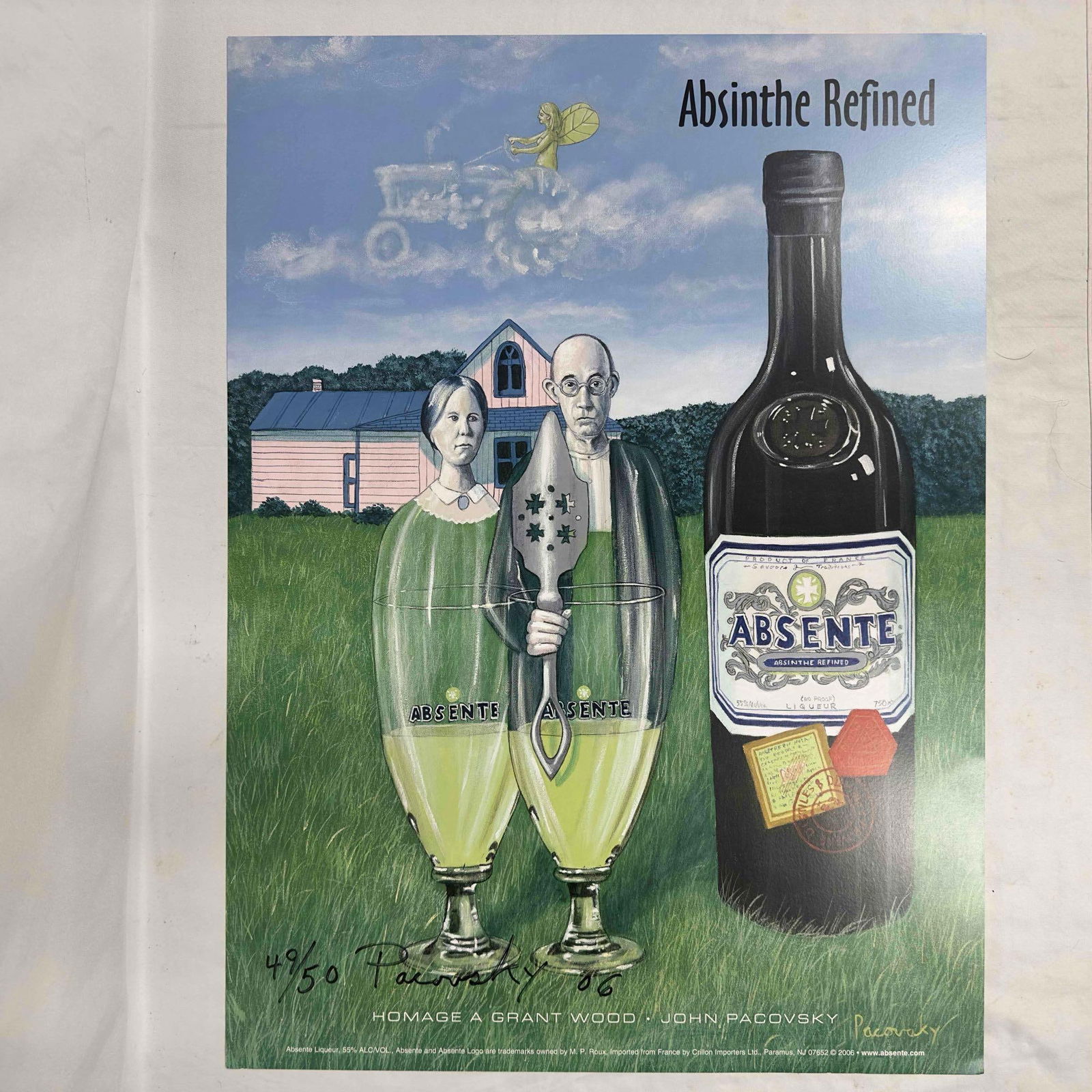 Absinthe Ad Poster Homage A Grant Wood By John Pacovsky Hand Signed Numbered: Absinthe Ad Poster Homage A Grant Wood By John Pacovsky Hand Signed Numbered. This lot includes one hand signed and numbered poster by John Pacovsky. A few creases and wear noticed on the edges. This