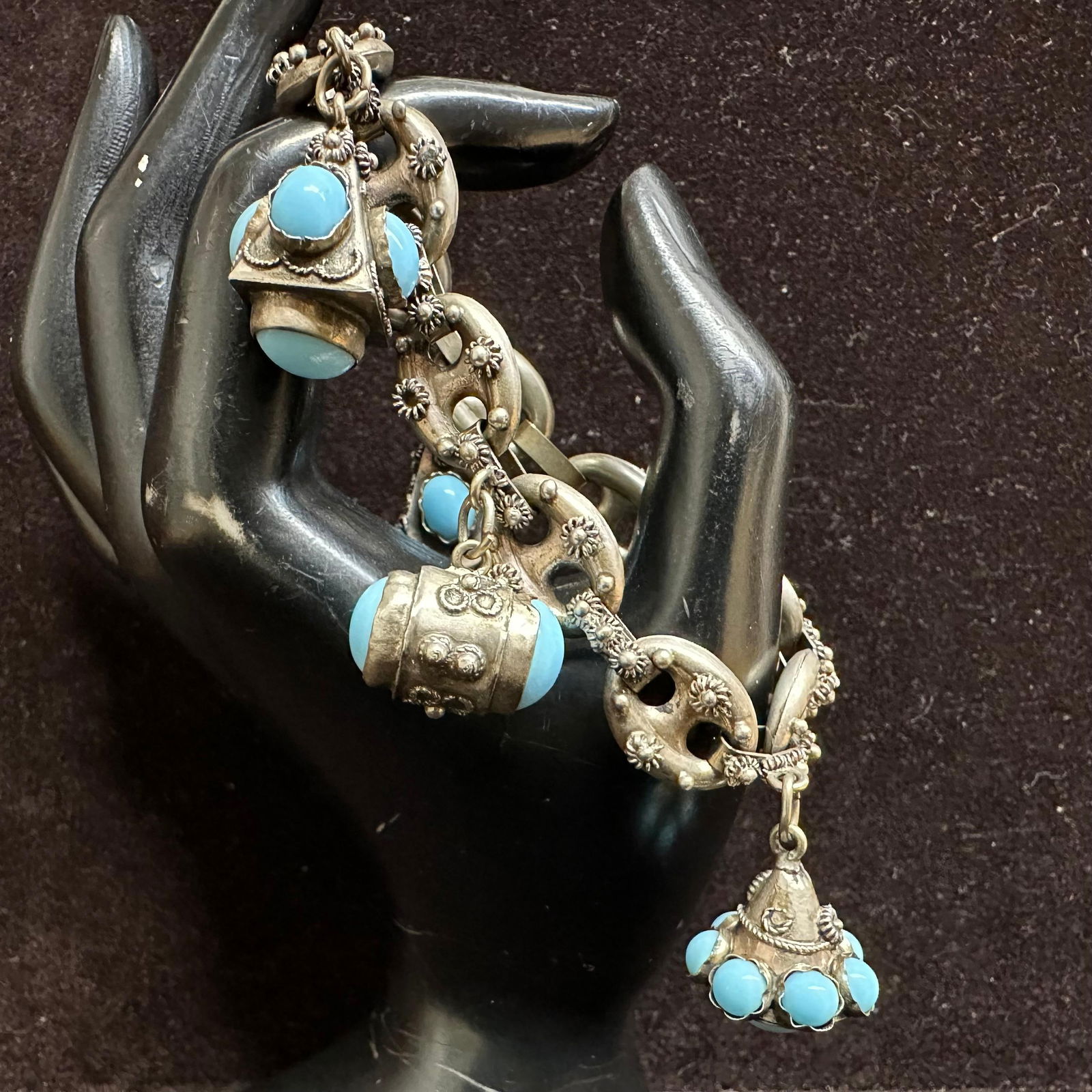Italy Etruscan Revival Style 800 Silver Charm Bracelet R20: This item is in good pre-owned, previously used/displayed condition with noticeable light wear and surface scratches. Please reference all photos for full details. This piece of jewelry has been teste