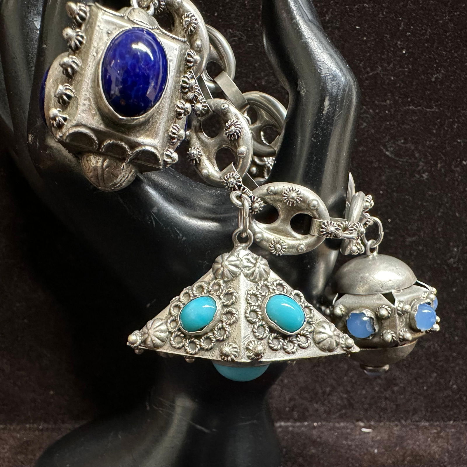 Italian Etruscan Revival Style Chunky Fob Stone Multi Charm Silver 800 Bracelet R60: This item is in good pre-owned, previously used/displayed condition with noticeable light wear and surface scratches. Please reference all photos for full details. This piece of jewelry has been teste