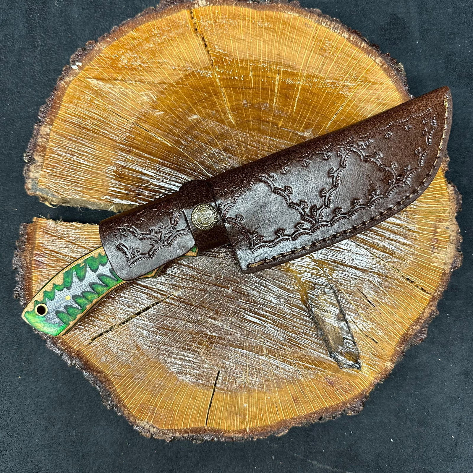 Large MHS Cutlery Hunting Style Blade Knife Green Black Tan Handle Q9 (1 of 4)