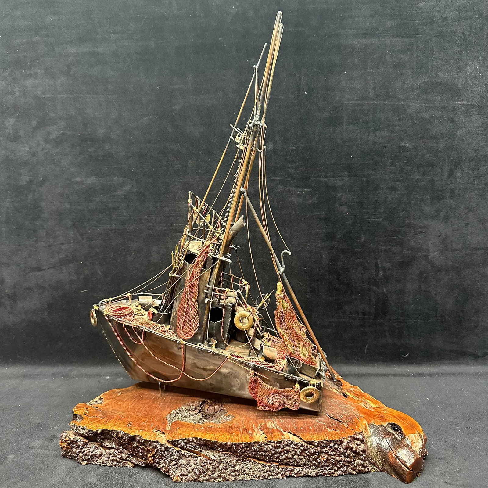 Brass and Copper Metal Ship Sculpture Artist Hand Signed LeBlanc LB-59 Sailboat Burlwood Base (1 of 18)