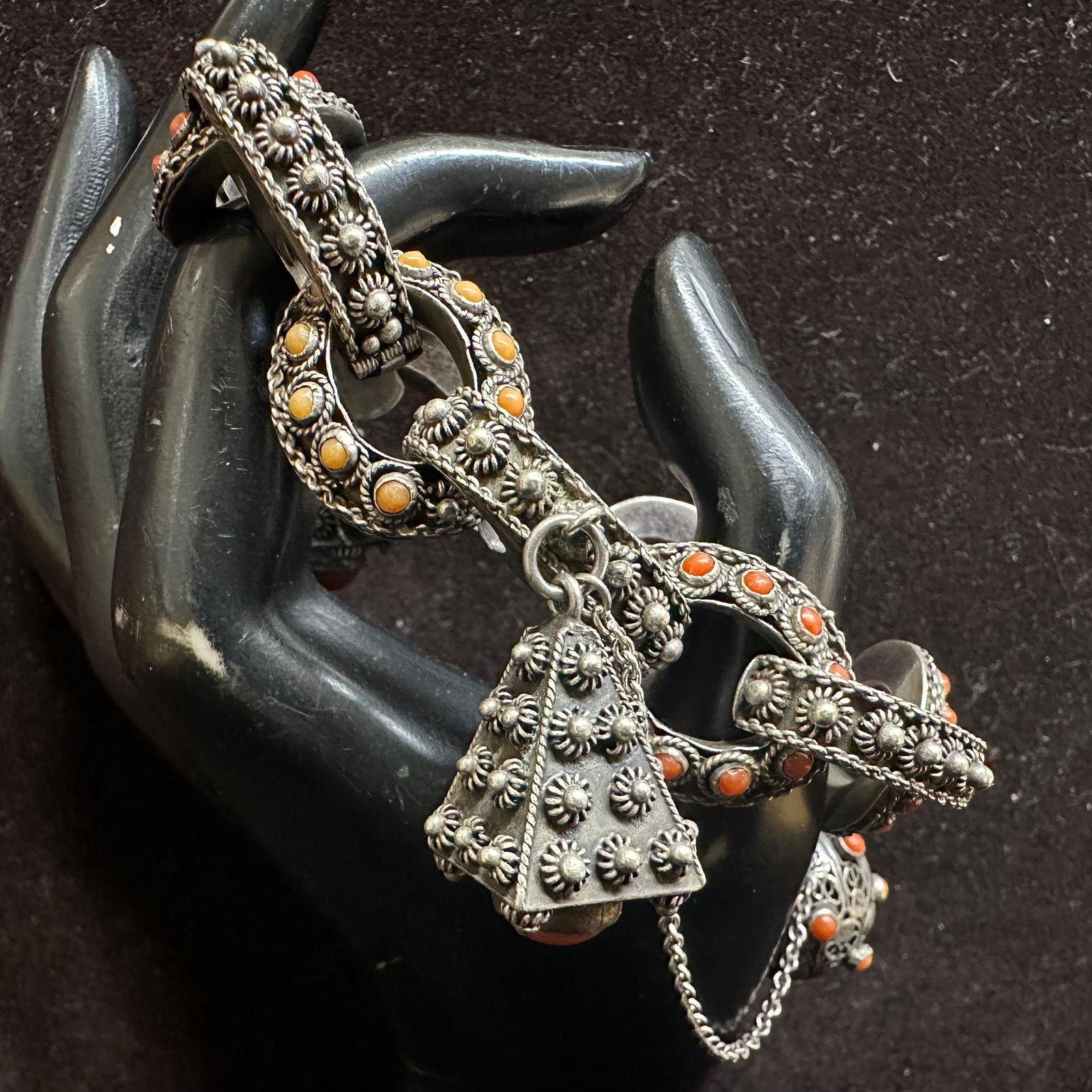 Antique After Ottoman Yemeni Tribal Style Silver and Coral Filigree Charm Solid Bracelet (1 of 10)