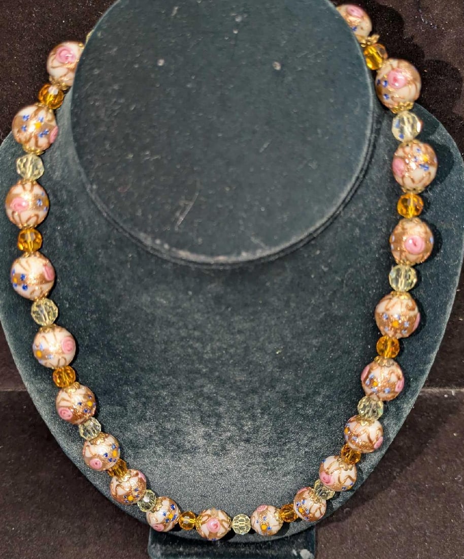 Vintage Italian Murano Pink And Gold Art Glass Bead Necklace III (1 of 4)