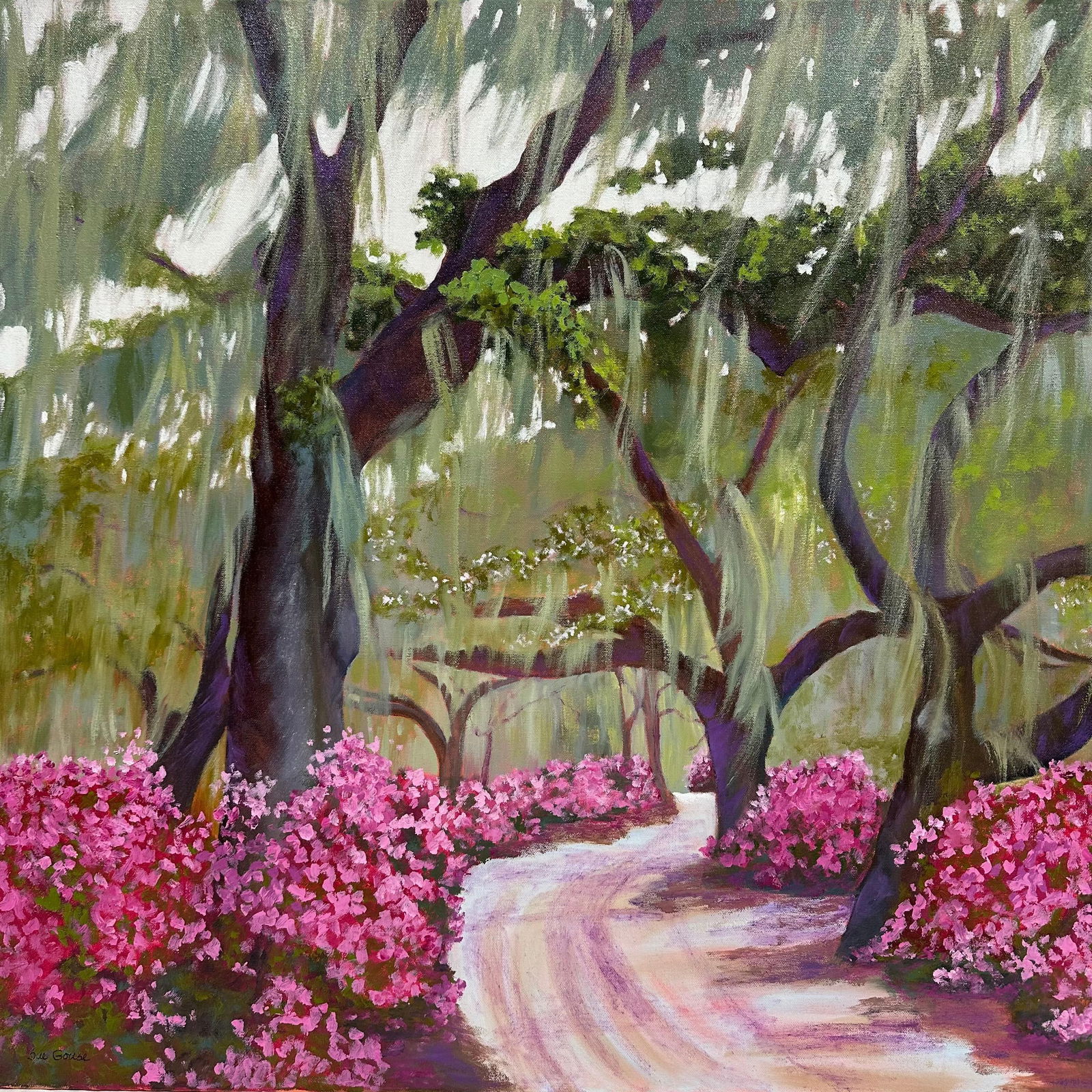 Original Acrylic Painting Under the Canopy by Sue Gouse Savannah GA Artist Lowcountry Landscape: Large original acrylic on canvas depicting a Southern garden pathway lined with bright pink azaleas beneath sweeping, moss-covered live oak trees. Signed by artist Sue Gouse on the front and titled ��