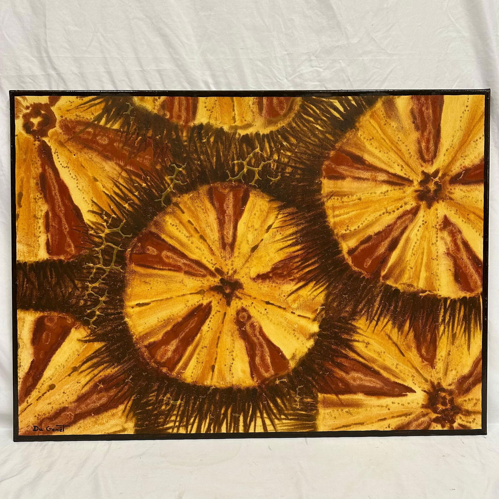 Medium Abstract Sunburst Sand Dollar Style Painting Signed Du Genet Original: Medium abstract mixed-media painting featuring bold circular sunburst or sand dollar forms in yellow, orange, and deep brown tones. The composition has a strong texture and radiating patterns througho