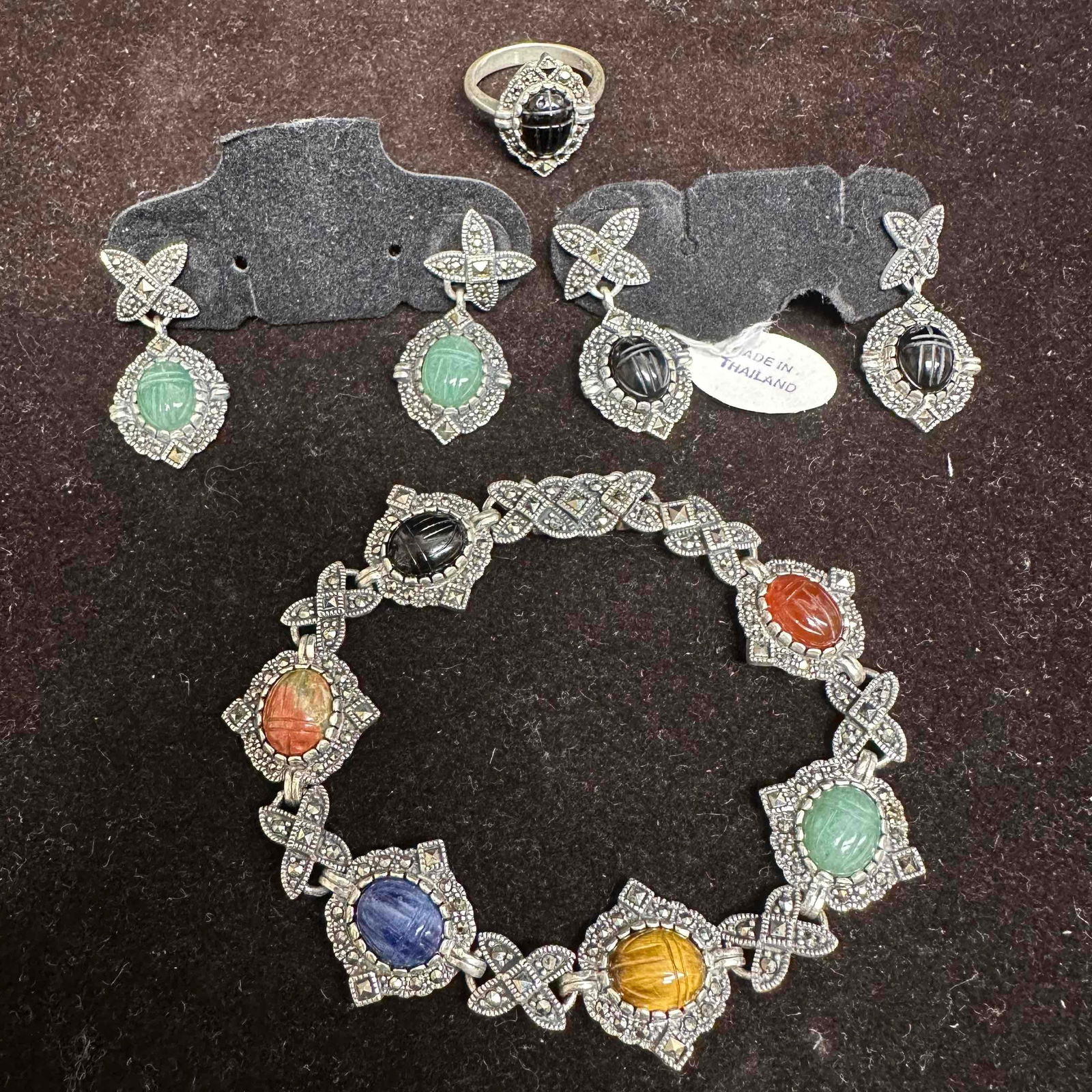 Multi Gemstone Jade Marcasite Black Onyx Tigers Eye Stone Scarab Beetle Sterling Silver Jewelry Set (1 of 12)