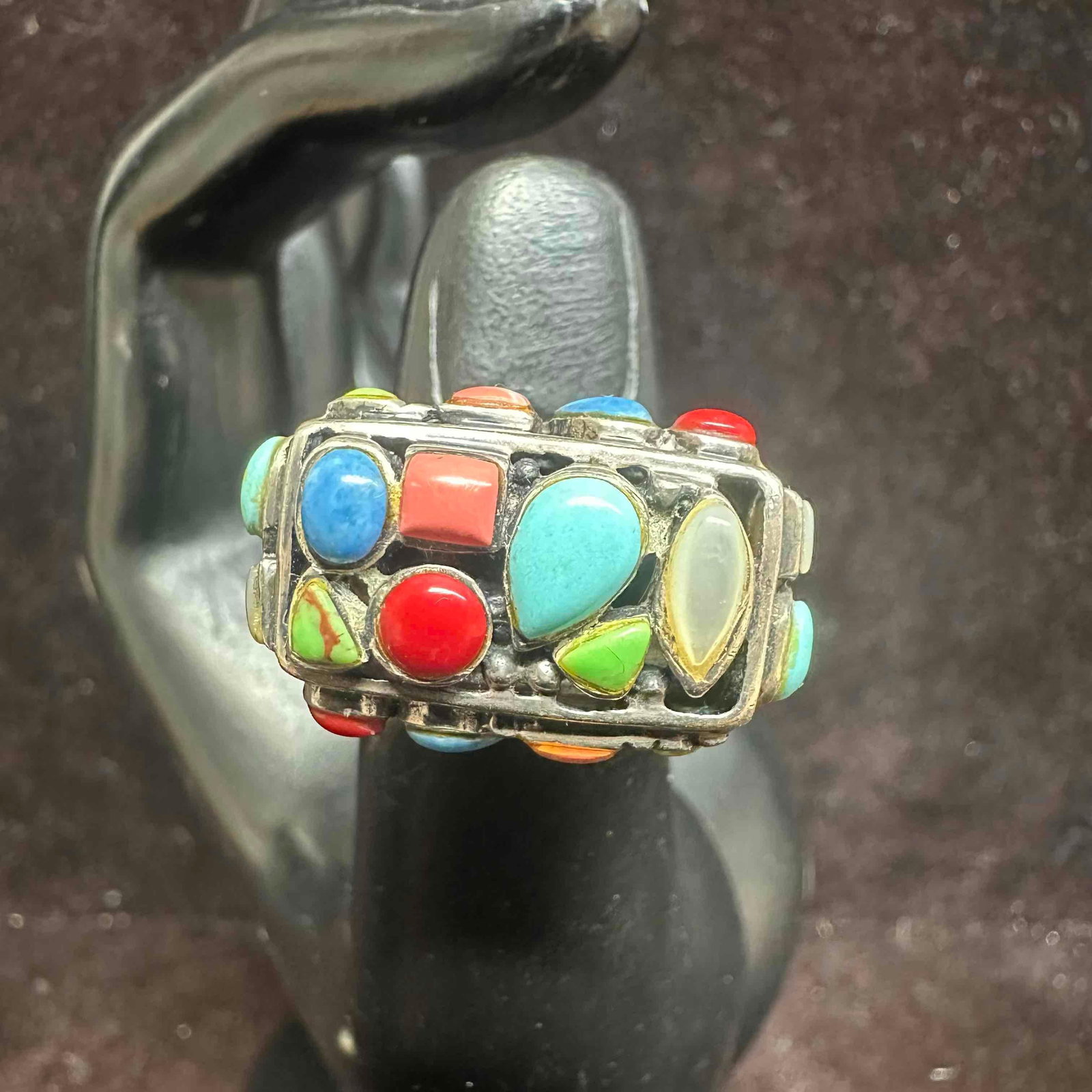 Multi Color Gemstone Cabochons Beaded Setting Sterling Ring Size 7 (1 of 11)