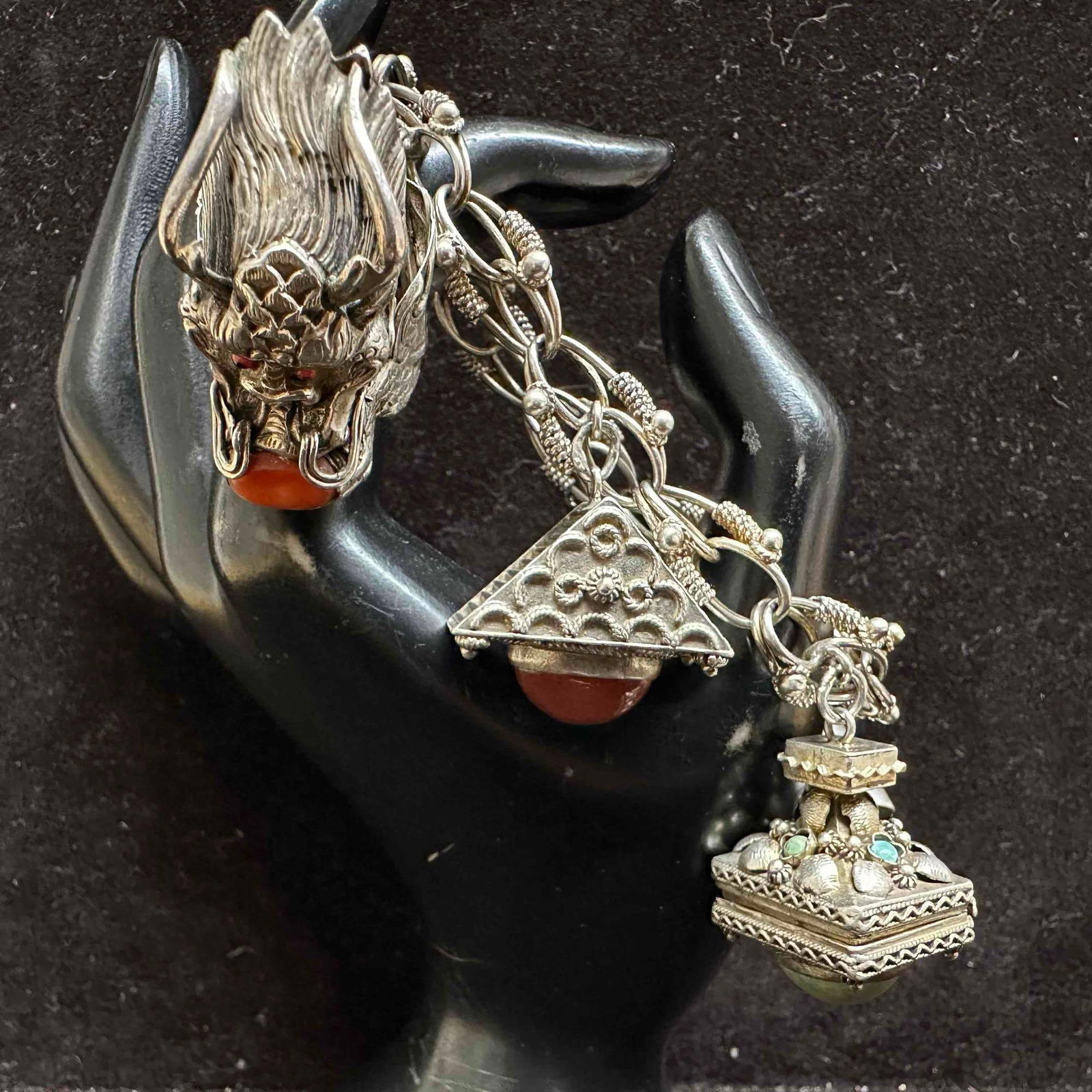 Natural Stone Dragon Book Trinket Box Fob Charm 800 Silver Etruscan Revival Style Chain Bracelet H56 (1 of 9)