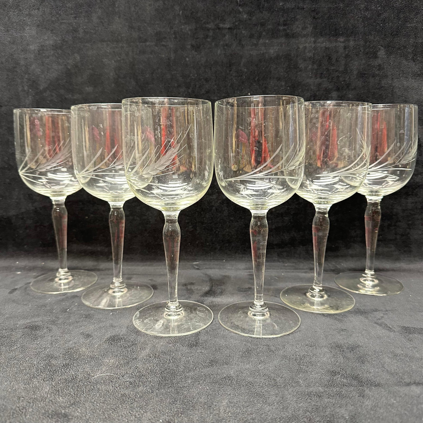 Set of Six Cut Crystal Wine Glasses with Etched Leaf Motif (1 of 5)