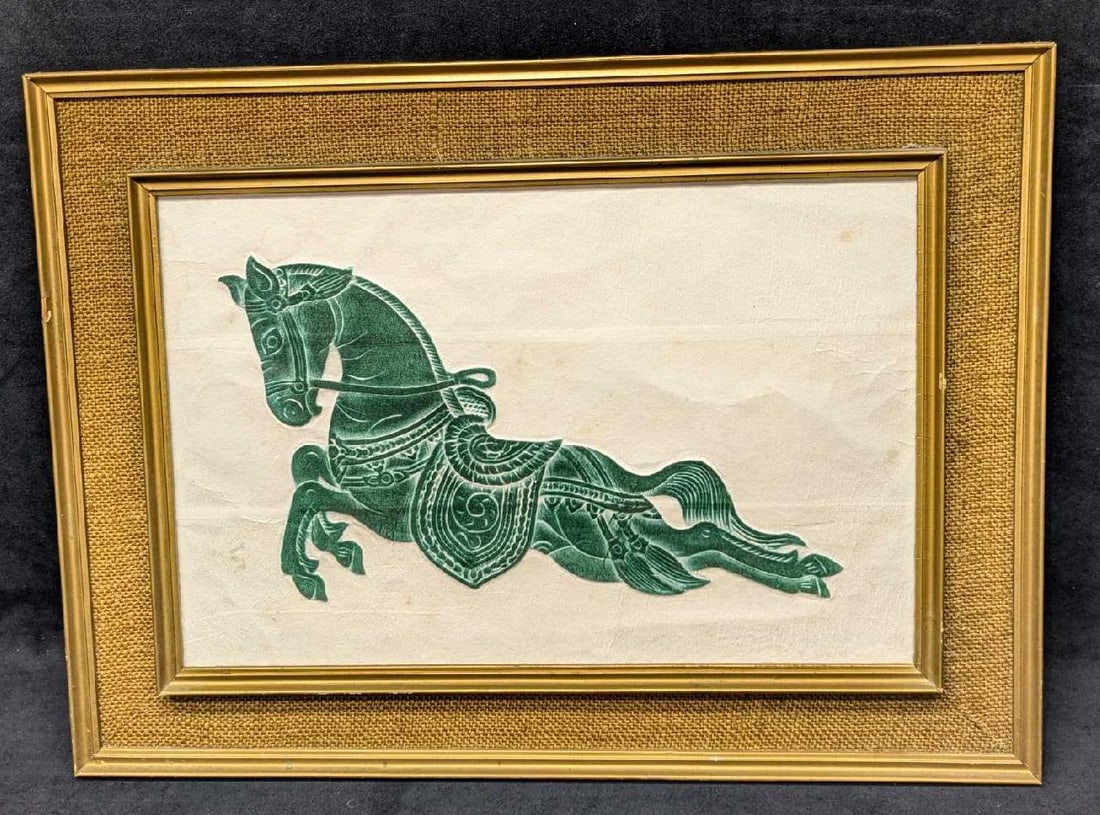 Framed Vintage Thai Temple Green Horse Rubbing (1 of 6)