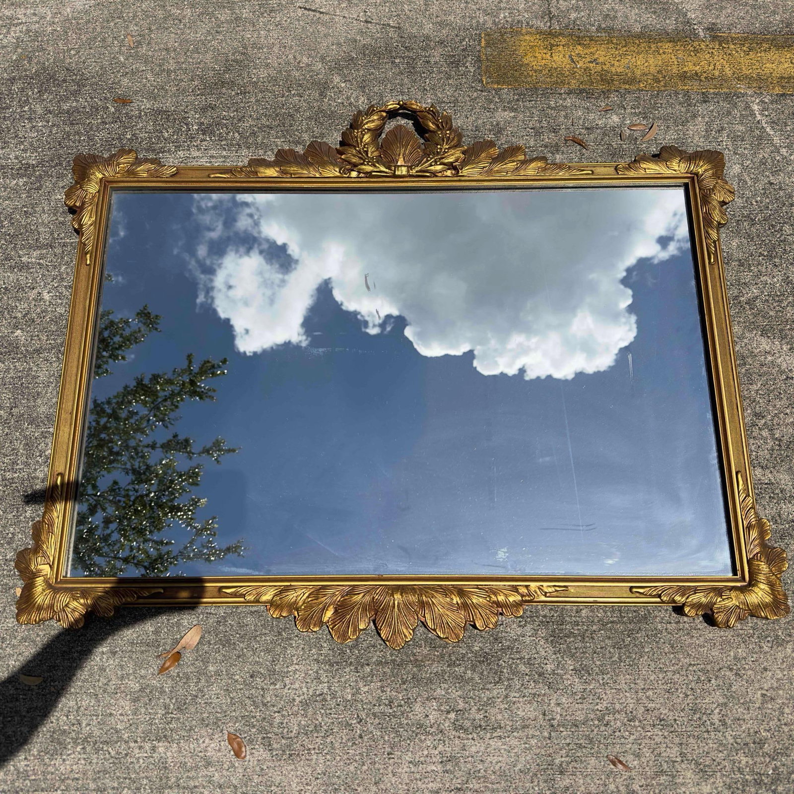 Olive Branch Wreath Design Wall Mirror 42" Wood Resin Frame: Olive Branch Wreath Design Wall Mirror 42" Wood Resin Frame. This mirror features a wooden resin frame mount with an Olive Branch Wreath design at the top as well leaf design in the corners and