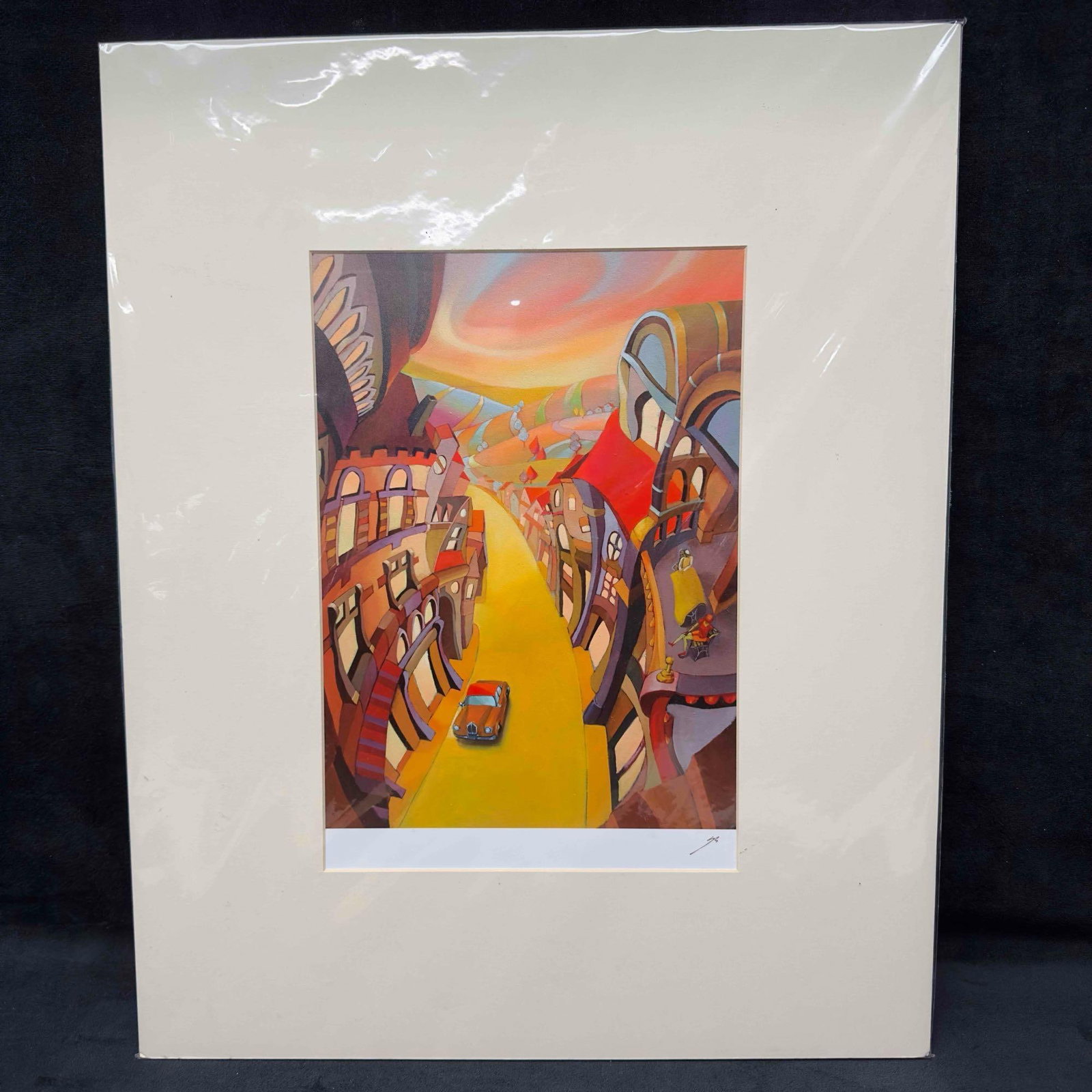 Suro Kim Relaxation Print Signed Surrealistic Street Scene: Suro Kim Relaxation Print Signed Surrealistic Street Scene. The print has strong colors. It is signed in the lower right corner by the artist in black pen. The signature is strong and legible. "Su