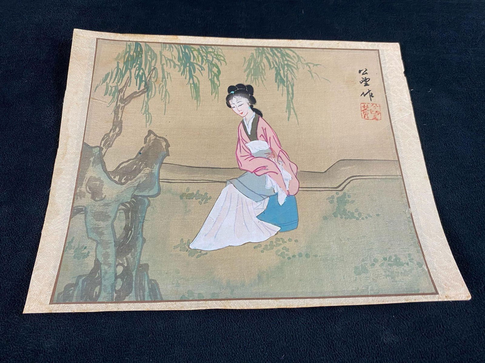 Vintage Original Chinese Water Color On Silk Paper "Woman" (1 of 4)