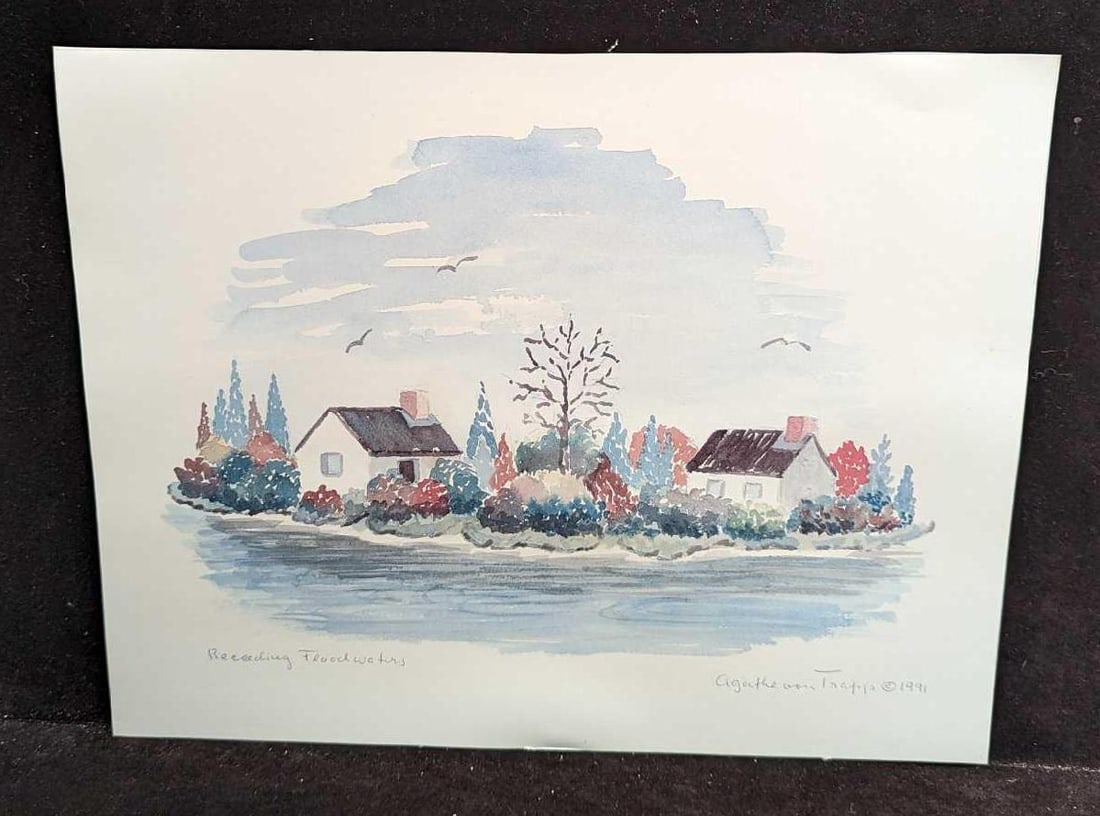 Agathe Von Trapp Receding Flood Waters Print: Agathe Von Trapp Receding Flood Waters Print. The print is approx 14" x 11" and it weighs 0.04lb. The print has some light markings on the right side of the print and there is some wear on the edges.