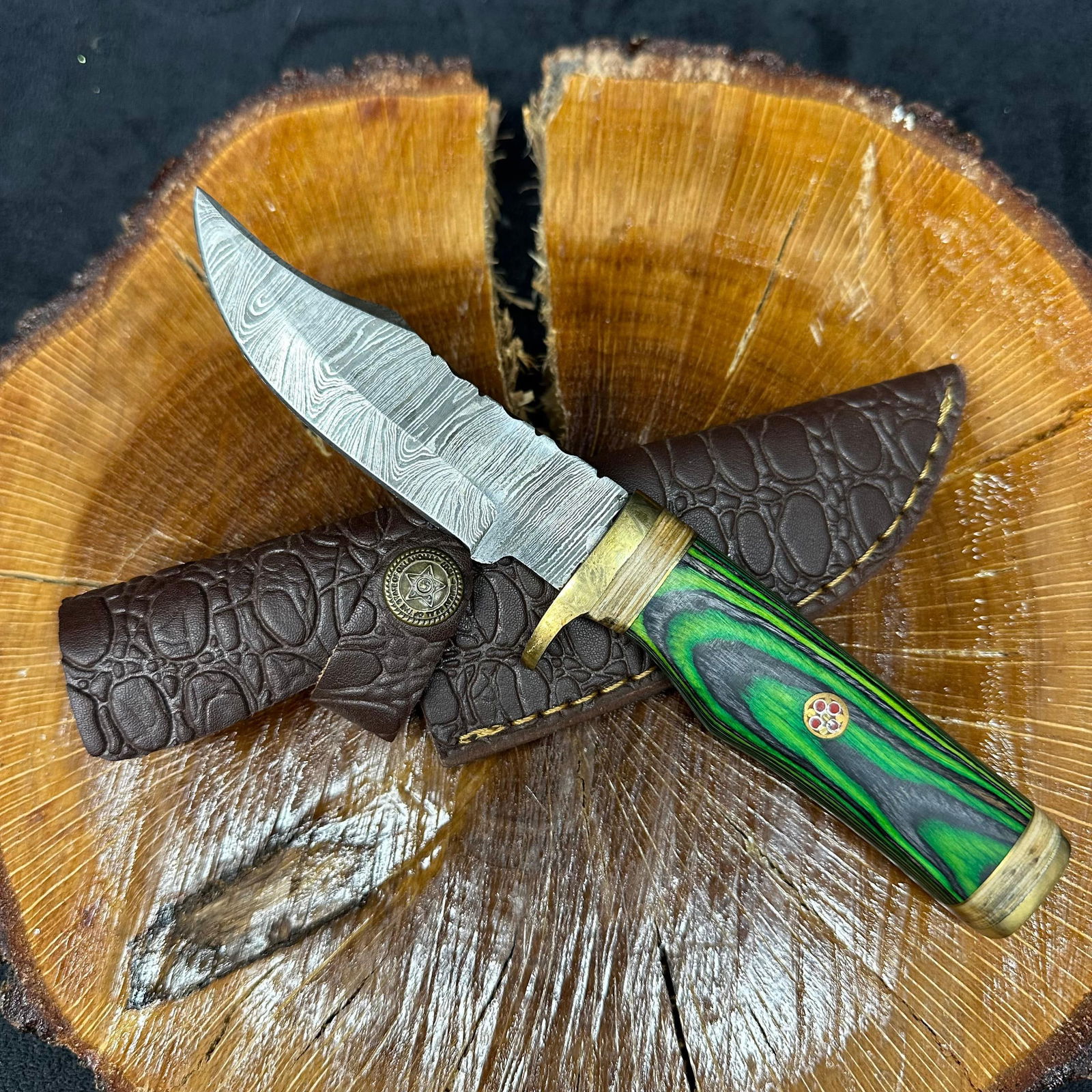 MHS Cutlery Fixed Blade Knife Hunting Style Brass Guard Handle Q30 Green Black (1 of 4)