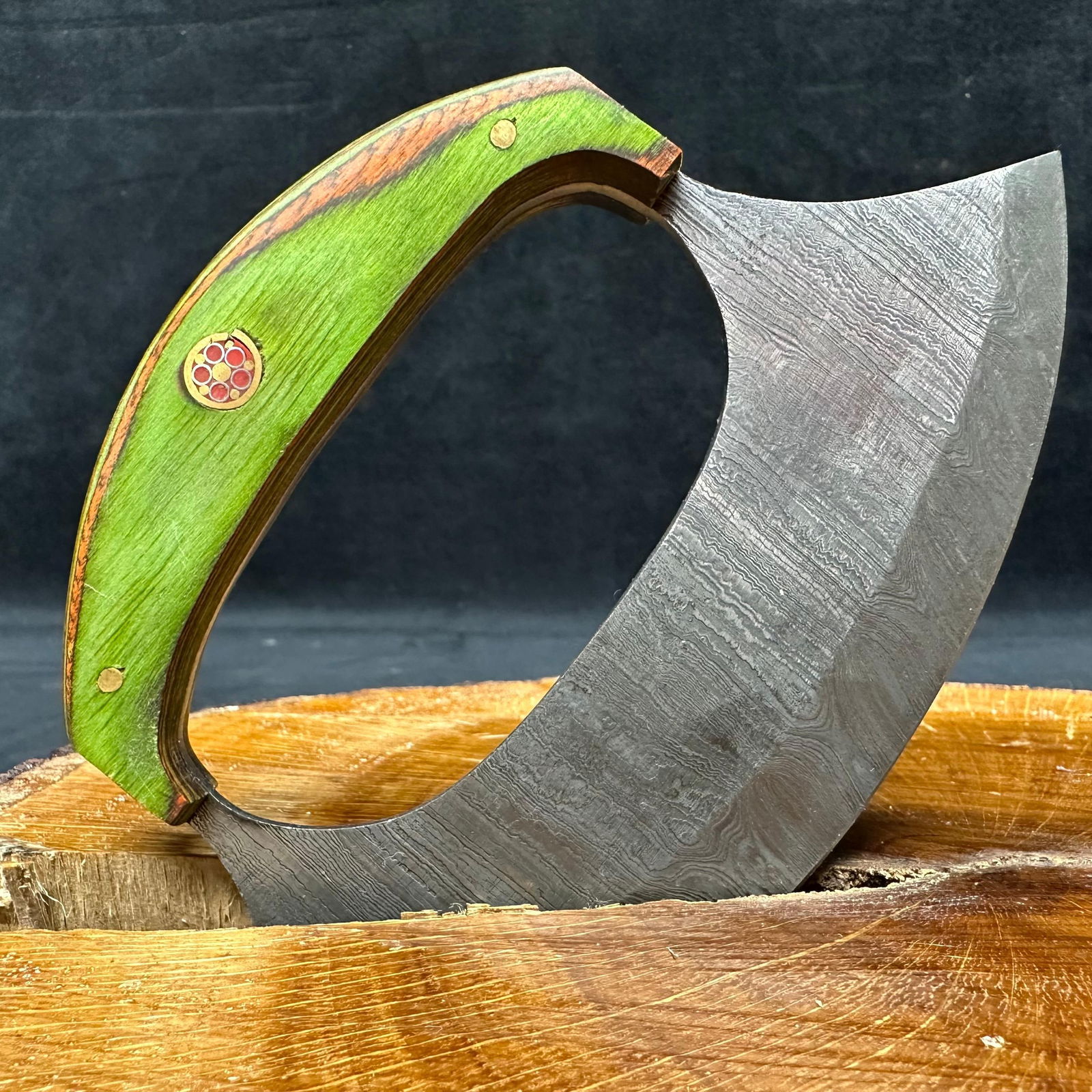 MHS Cutlery Steel Crescent Axe Ulu Knife Curved Blade Q37 Green Orange (1 of 5)