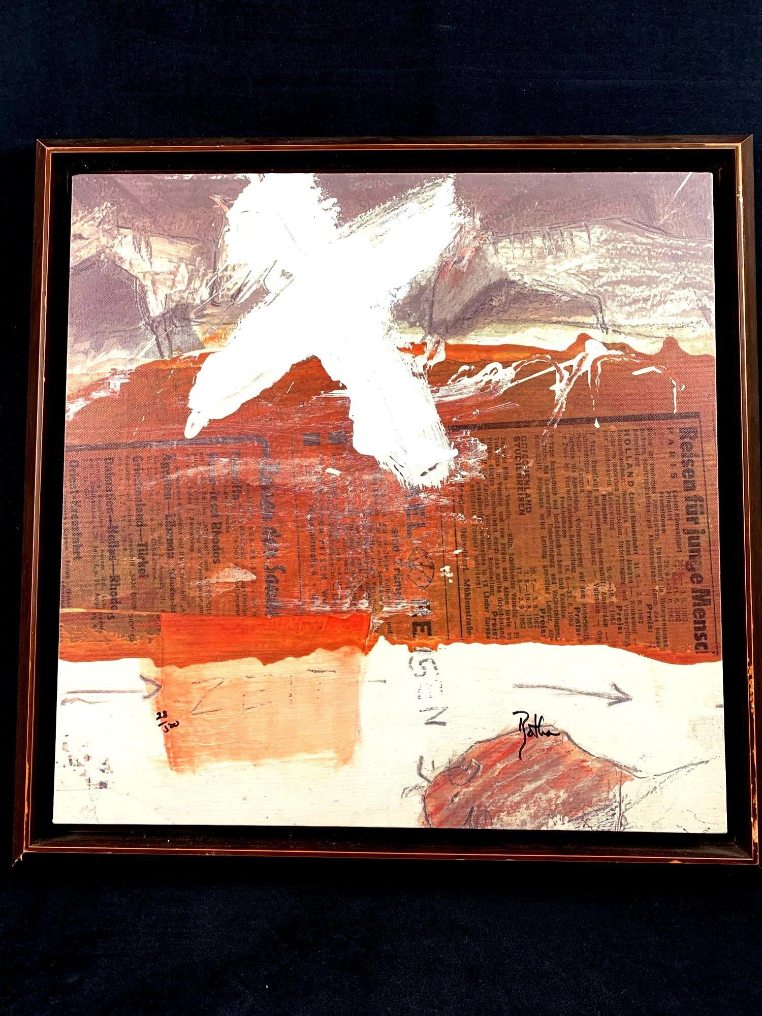 Canvas Print Abstract Design: Canvas Print Abstract Design Lovely print on canvas with raised paint on print. Condition: Very Good. Wood frame and print in excellent condition. Measurements: Print only: 20"L by 20"W. With