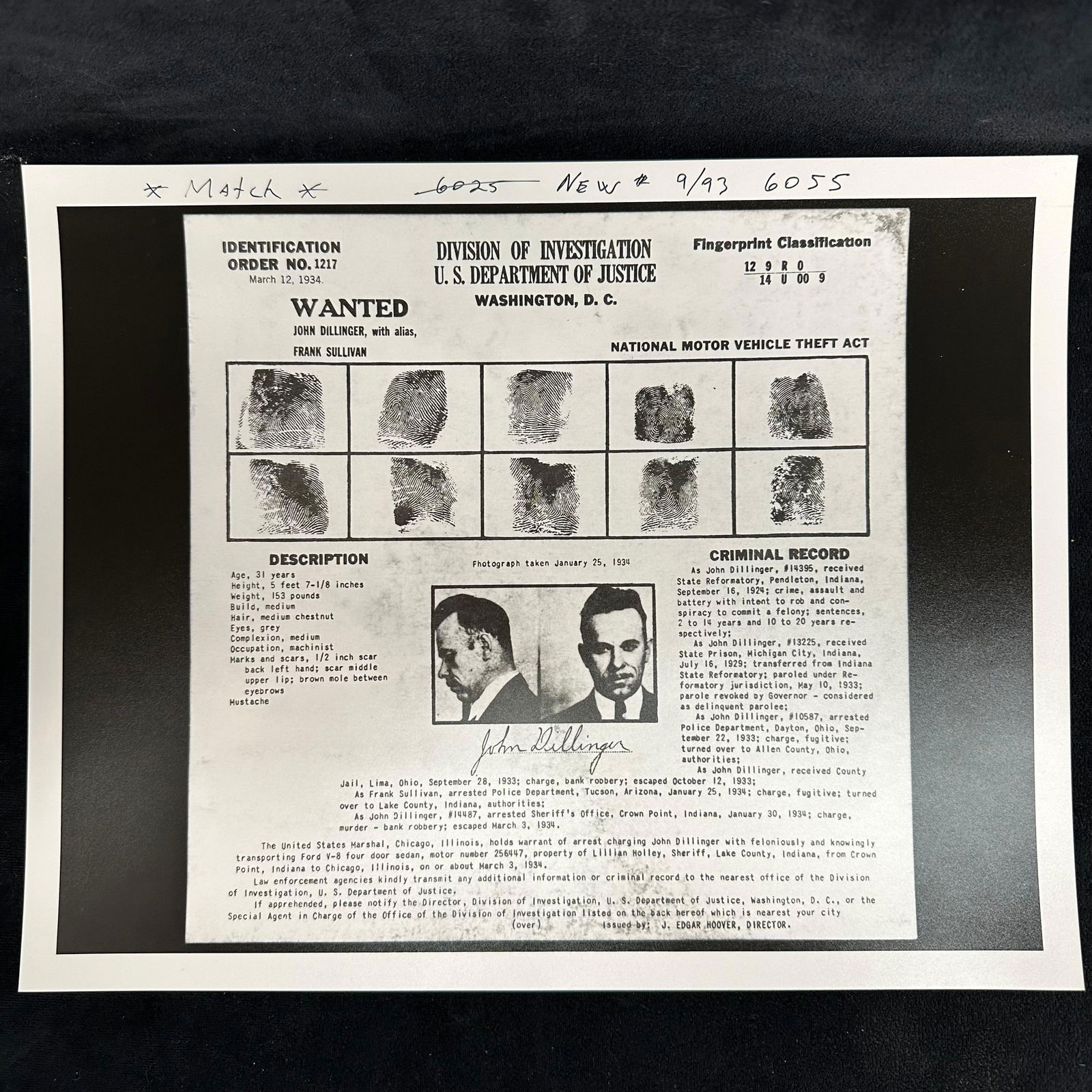 John Dillinger Wanted Poster 1934 DOJ Division of Investigation Black and White Analog Photo Print (1 of 4)