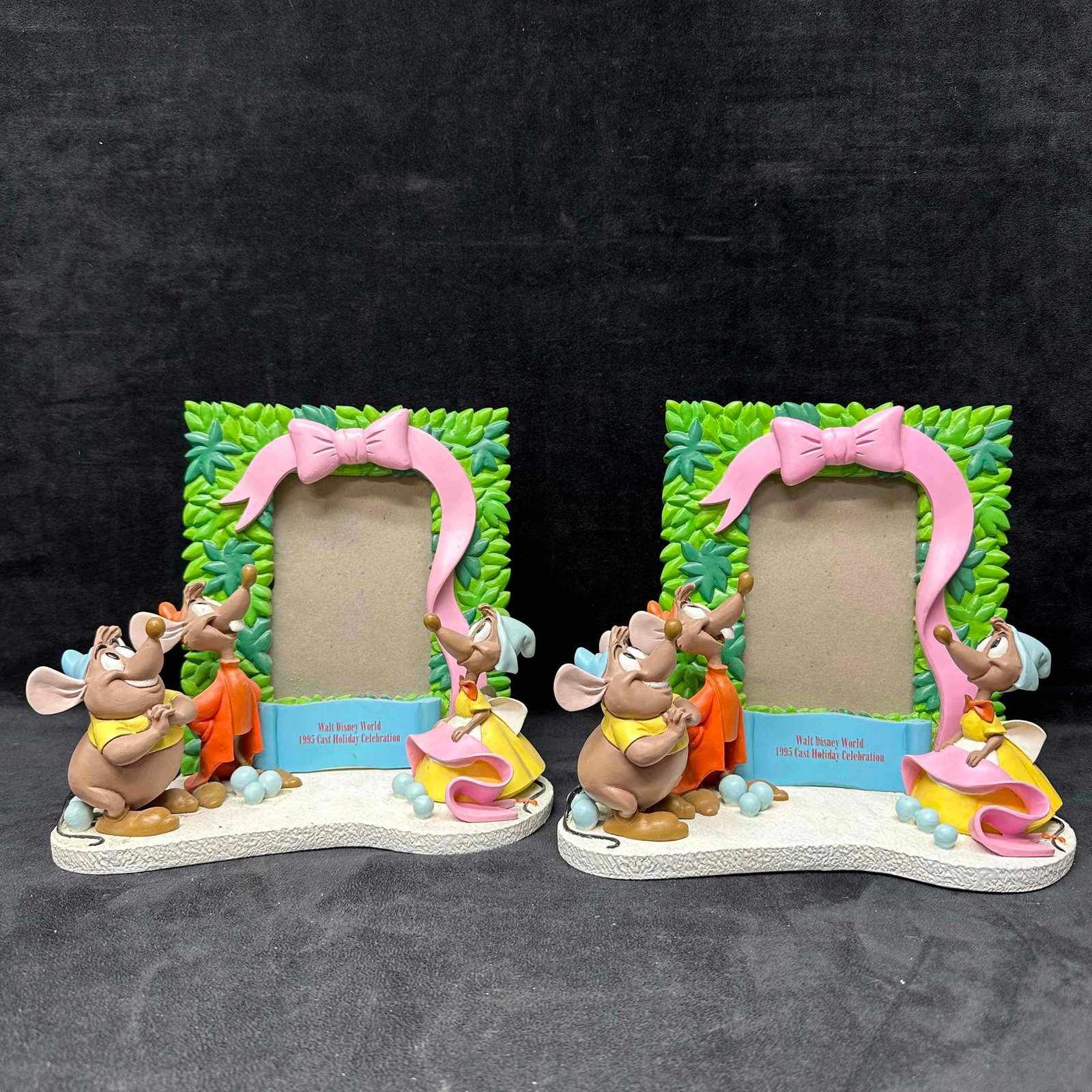 Walt Disney World Cinderella Mice Photo Frame Set Cast Holiday: Exclusive 1995 cast holiday celebration photo frames featuring Cinderella mice characters. These items are in good pre owned, previously displayed condition, no chips or cracks on resin, shows signs o