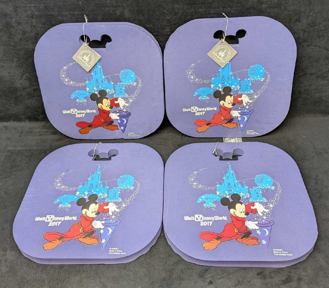 4 Disney World Sorcerer Mickey Foam Seat Sitting Cushions: 4 Disney World Sorcerer Mickey Foam Seat Sitting Cushions. All four do not appear to have been used and still have the original tags. Each is 1" x 13 3/4" x 13 3/4" and the total weight is 1.60lb. The