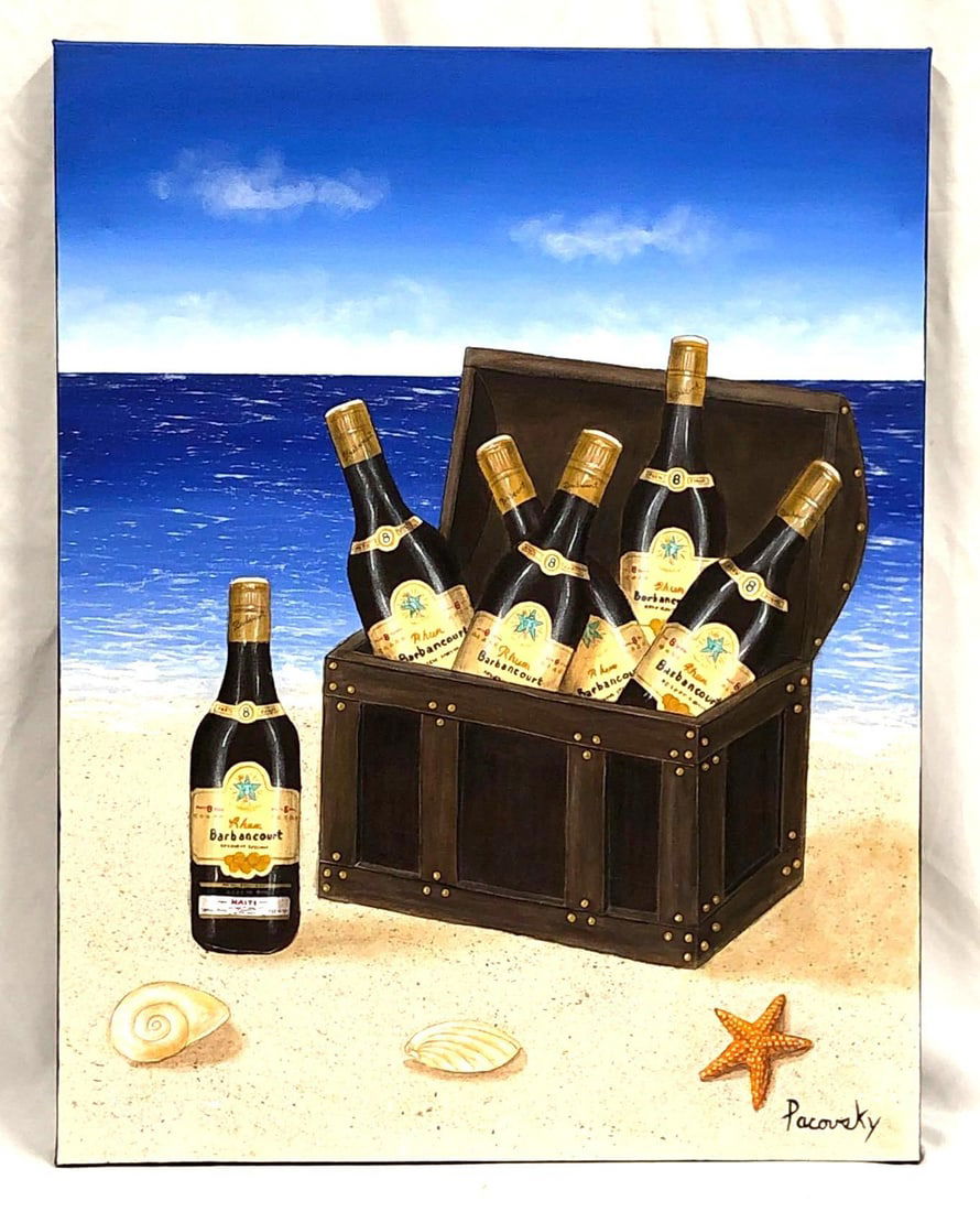 John Pacovsky & Barbancourt Rhum - Commissioned, Signed - Acrylic on Canvas: Barbancourt Rhum Marketing Ad - "Treasure Chest" Painting Commissioned by Liquor Branding Executive. Signed Acrylic on Canvas by Artist John Pacovsky. The item measures approximately 28" x