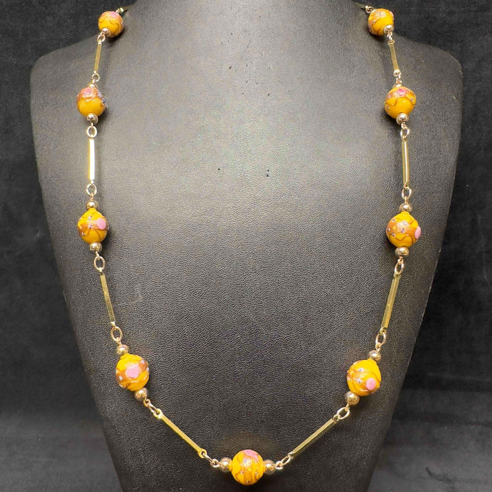 Venetian Murano Art Glass Lamp Work Yellow Bead Copper Floral Beaded Necklace E39 (1 of 9)