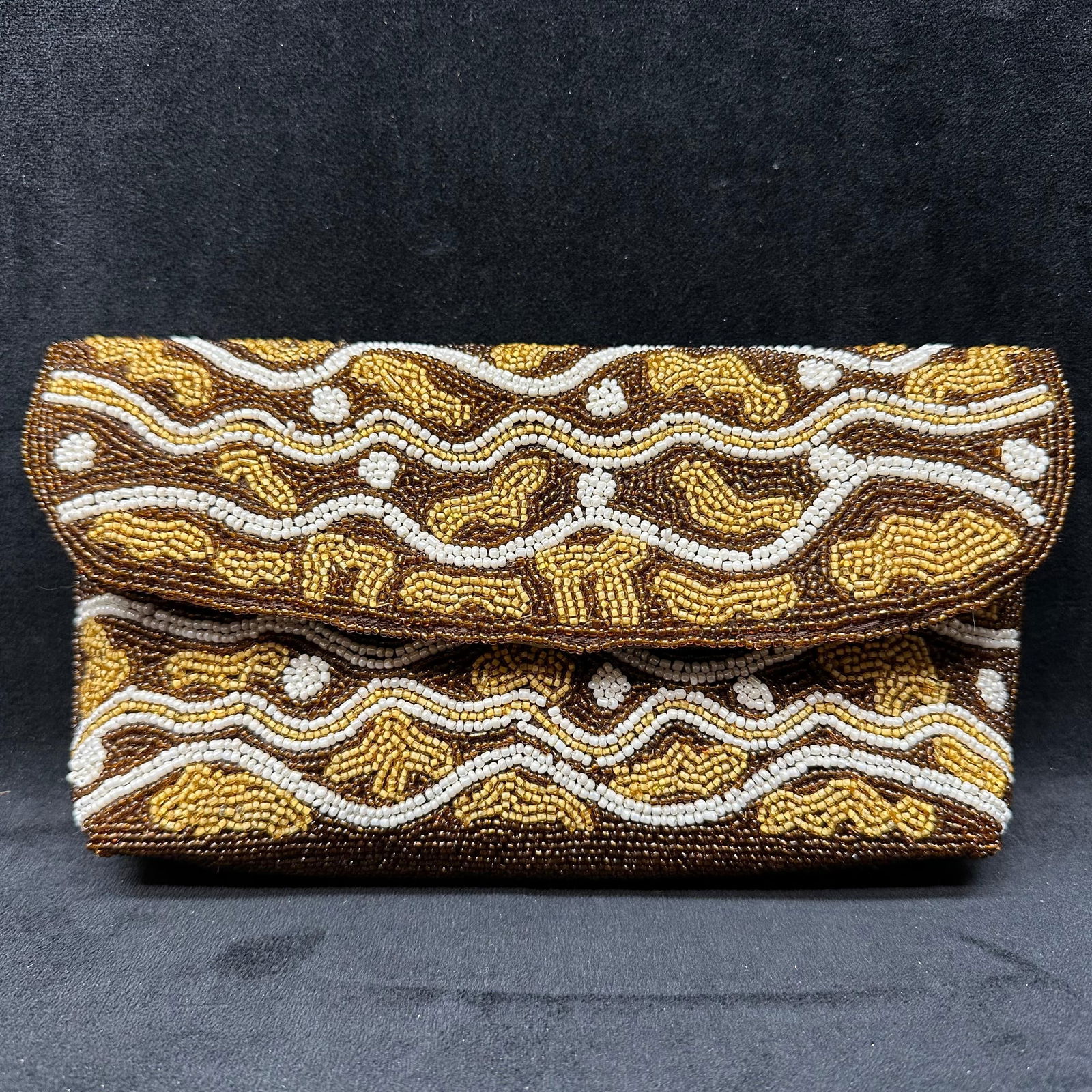 Vintage Hand Beaded Clutch Purse Brown Gold and White Seed Beads with Snap Closure (1 of 5)