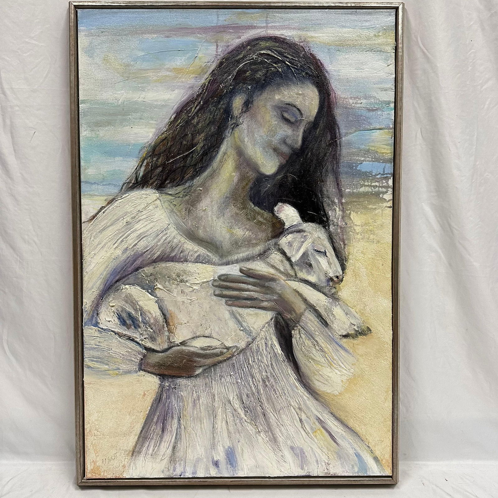 Framed Acrylic Painting Woman Holding Lamb Artwork Signed: Original acrylic painting depicting a woman gently holding a lamb, rendered in soft, muted tones with expressive brushwork. The work appears to be acrylic on canvas based on surface texture and paint