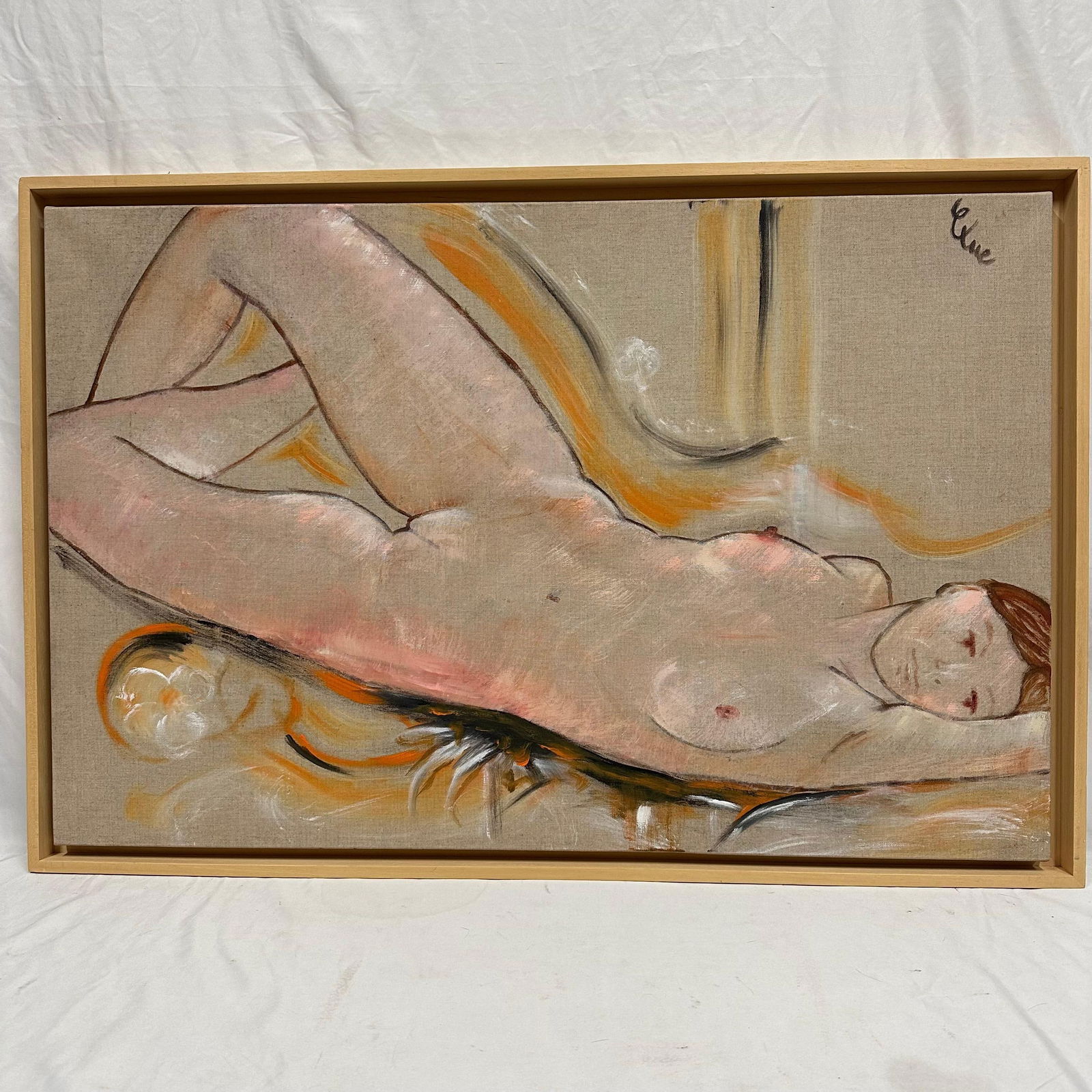 Modern Figurative Nude Painting on Canvas Signed Wood Frame: Original modern figurative painting depicting a reclining nude female figure. Executed in a loose, expressive style with soft earth tones and subtle orange accents. Appears to be oil or mixed media on