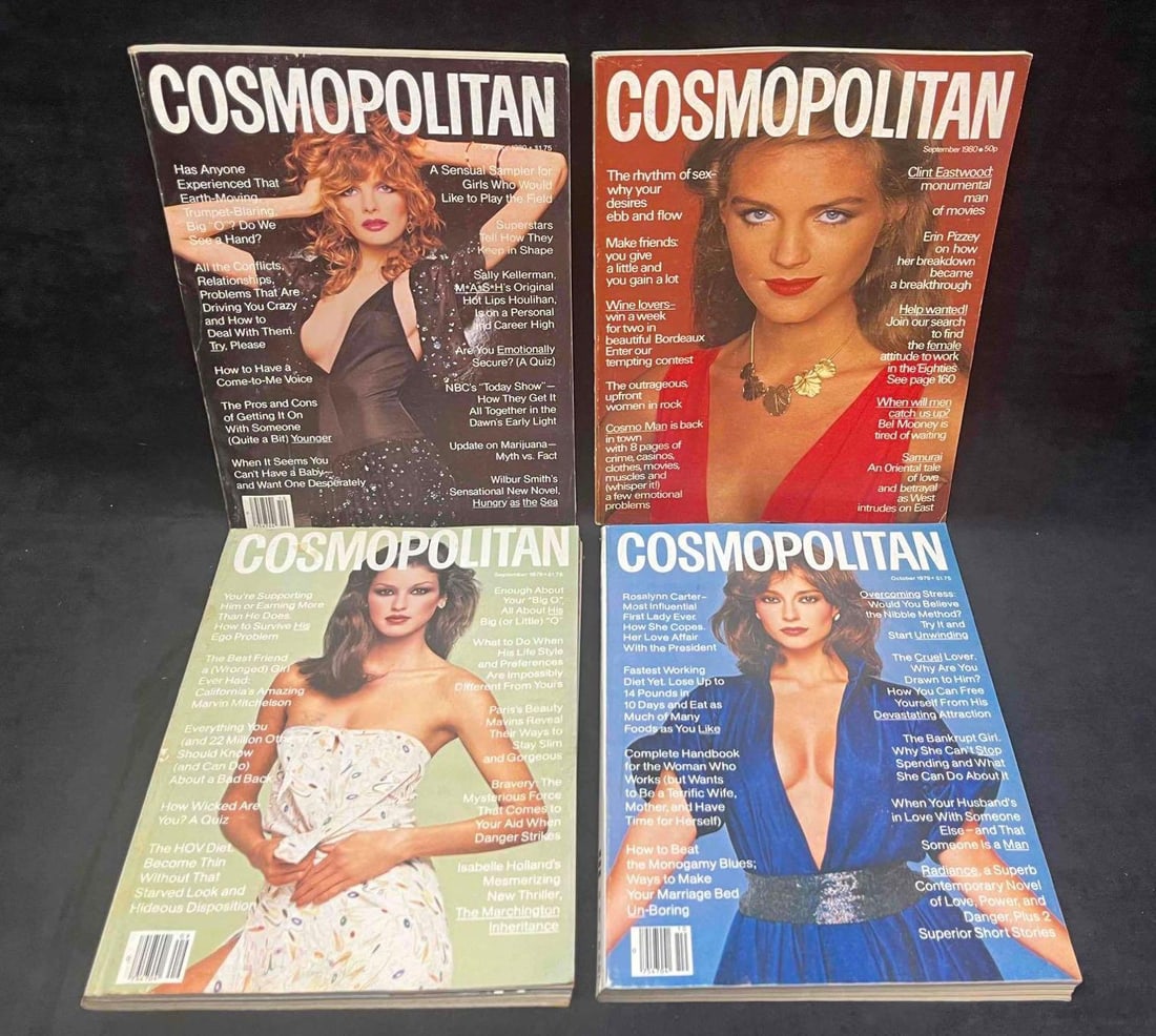 Four Vintage Cosmopolitan Magazines 1979 & 1980: This lot contains Four Vintage Cosmopolitan Magazines 1979 & 1980. Each magazine is approx 10 3/4" x 8 1/4" and altogether they weigh about 5.2lbs. Overall the vintage magazines are in good used