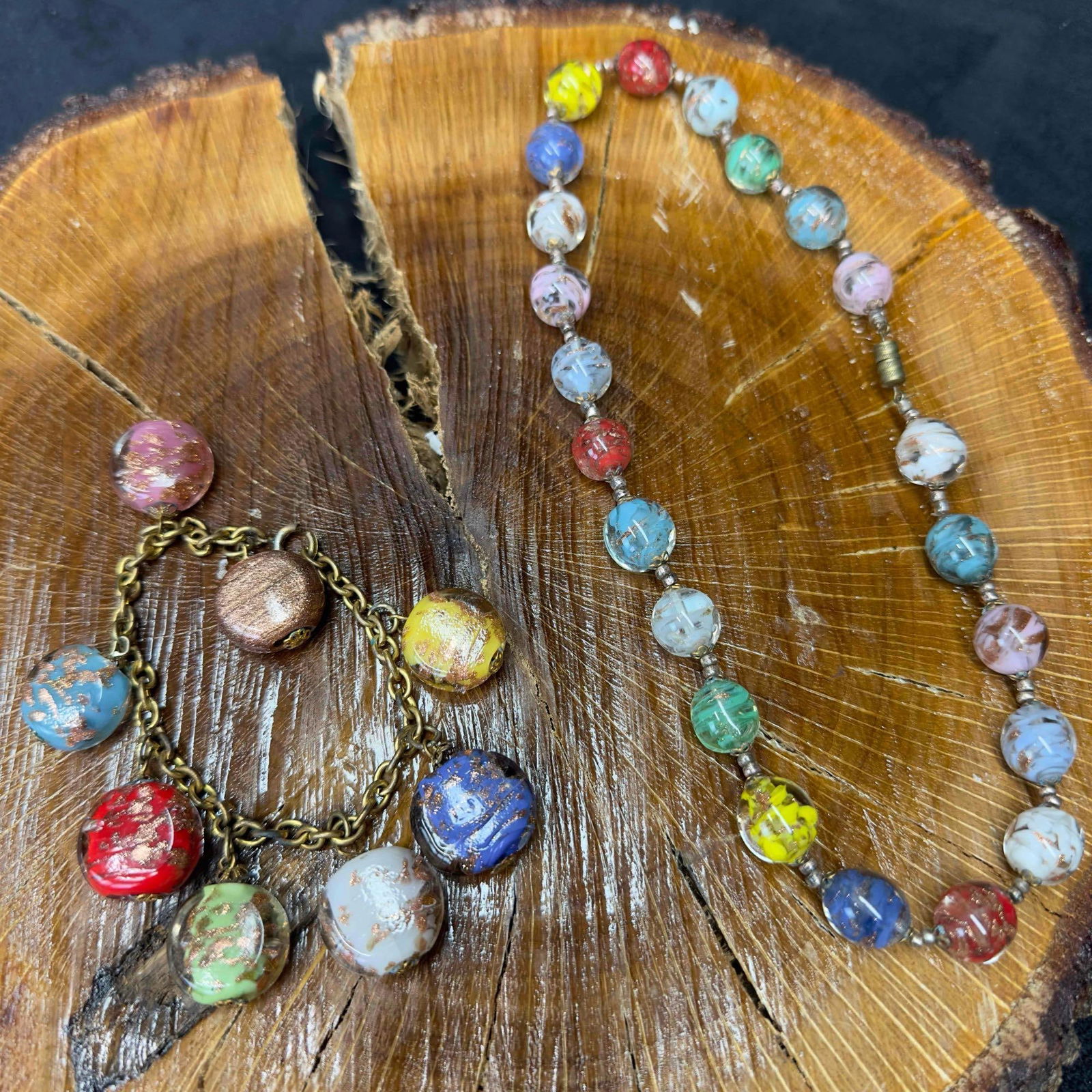Venetian Murano Lamp Work Glass Multi Colored Round Bead Necklace and Circle Bracelet Set A34: Venetian Murano Lamp Work Glass Multi Colored Round Bead Necklace and Circle Bracelet Set A34. Necklace and bracelet with multi colored glass beads with beautiful designs on each. The necklace and