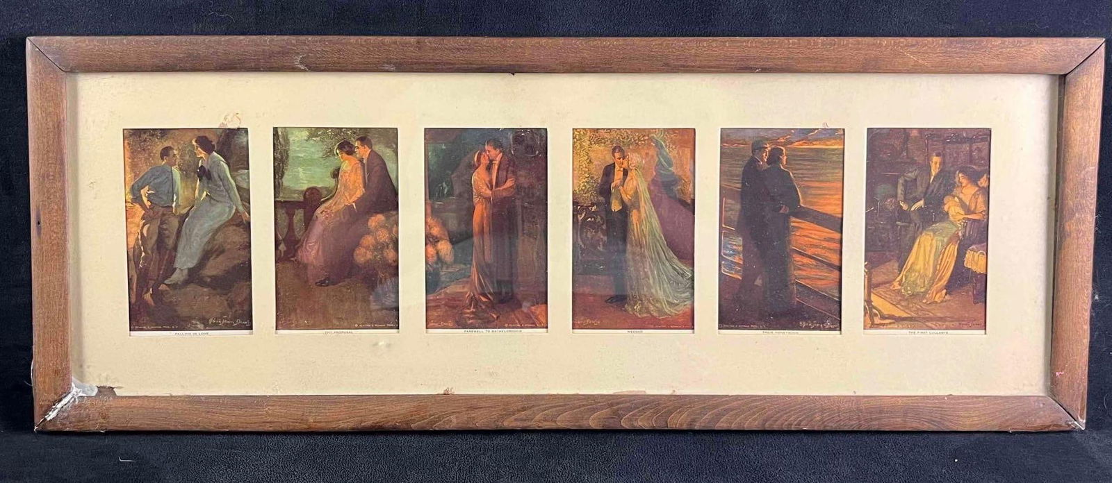 Vintage Framed Illustrations Progression of Life: Vintage Framed Illustrations Progression of Life Shown are six illustrations in one frame showing the progression of a couple's relationship. The frame is not in the best shape but in illustration