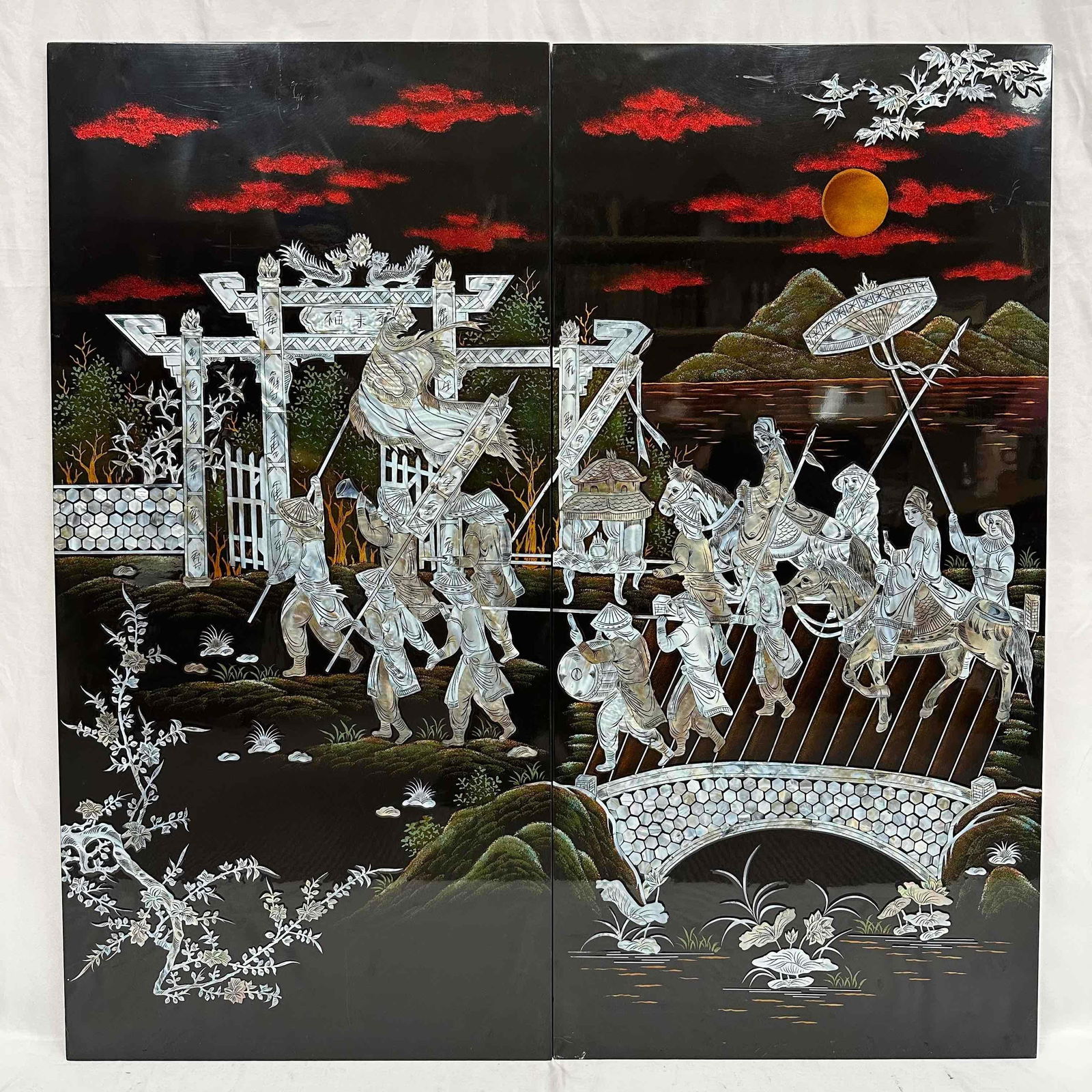 Imperial Procession Under The Crimson Skies Two-Panel Mother of Pearl Inlay Wall Art R92 (1 of 8)