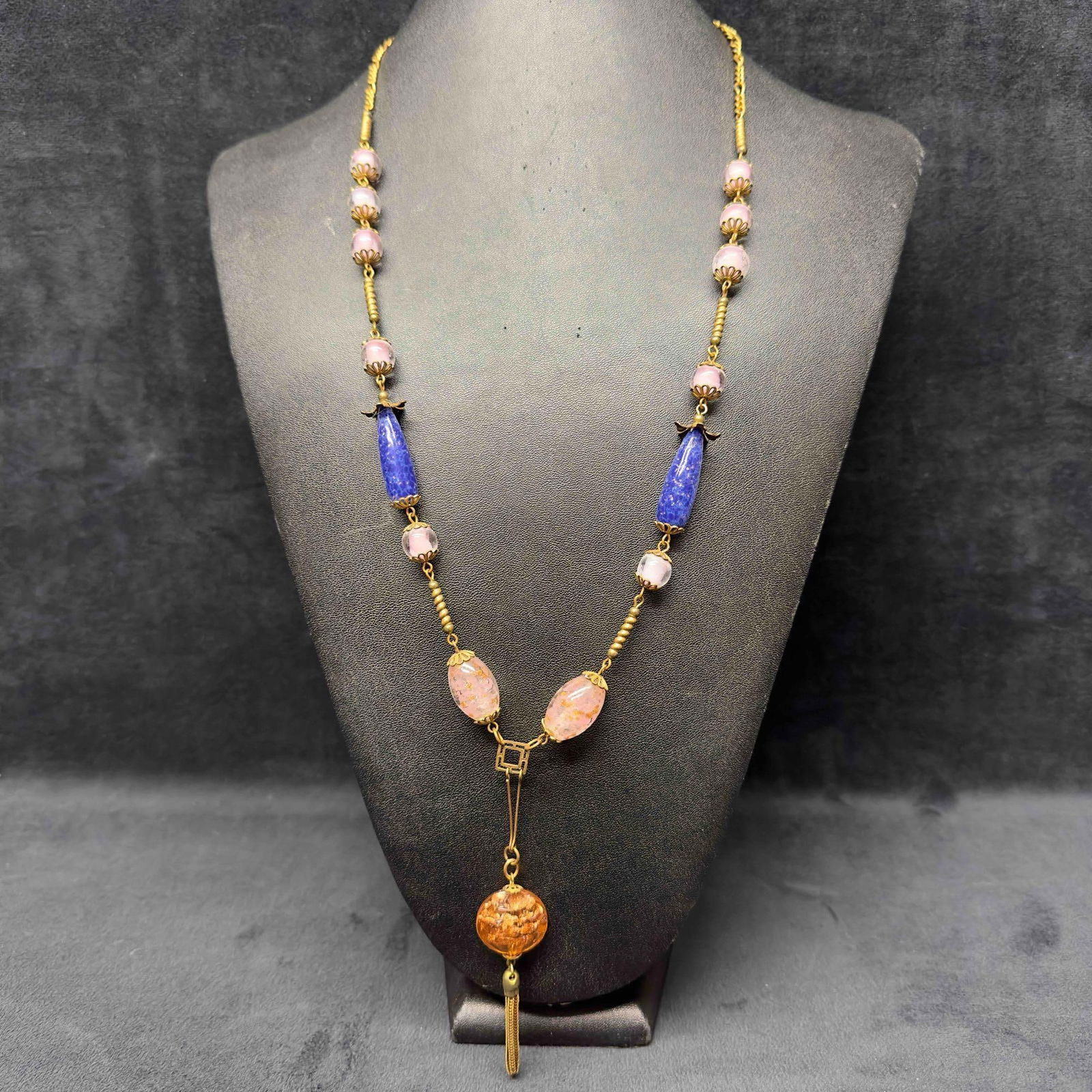 Venetian Murano Art Glass Lamp Work Blue Pink Copper Beaded Chain Pendant Necklace D90: Venetian Murano Art Glass Lamp Work Blue Pink Copper Beaded Chain Pendant Necklace D90. Necklace with multi colored glass beads with beautiful designs on each. The necklace features copper accents. Th