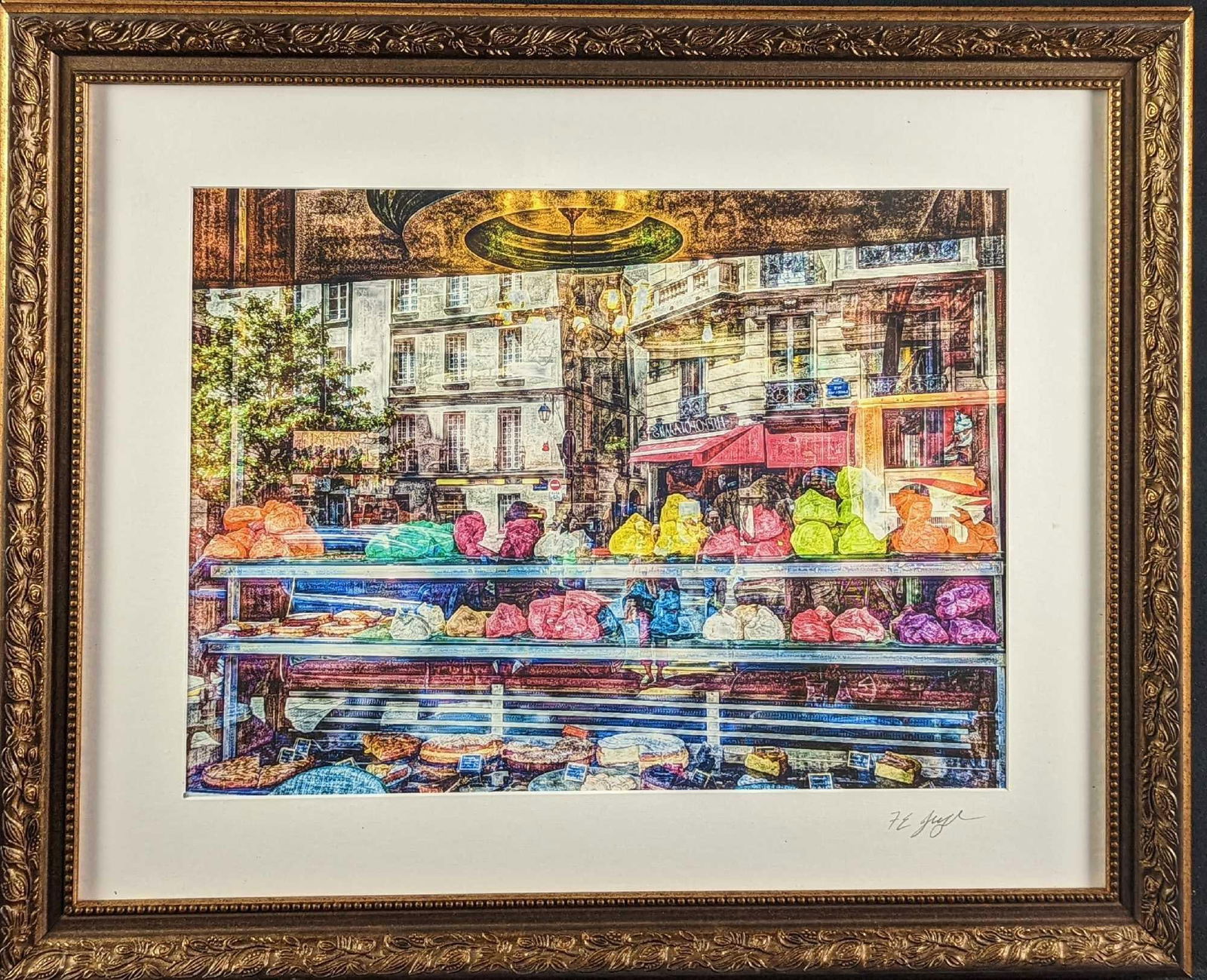 Framed Frank Juge Pie Store Window Photo: Framed Frank Juge edited a photo of a pie shop window. This is signed by the artist on the bottom right. The framed photo is approx 22 3/4" x 1" x 18 3/4" and it weighs 4.5lbs. The