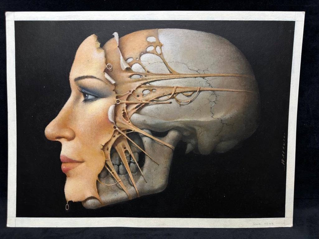 Woman's Face Over Skull Original Wieslaw Walkuski: Woman's Face Over Skull Original Wieslaw Walkuski Original gouache on paper by painter Wieslaw Walkuski. Shows the face of a woman stretched over a skull over a black background. Wieslaw Walkusk